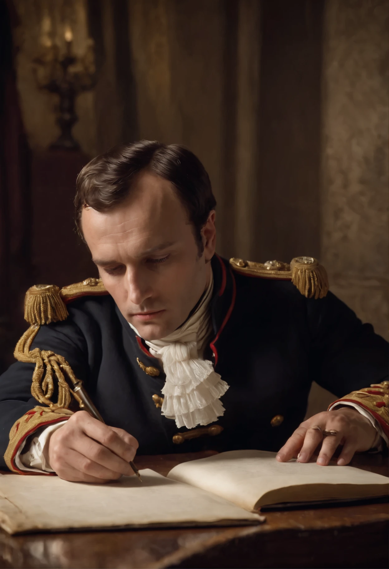 Napoleon Bonaparte writing a book at his desk , cinematographic