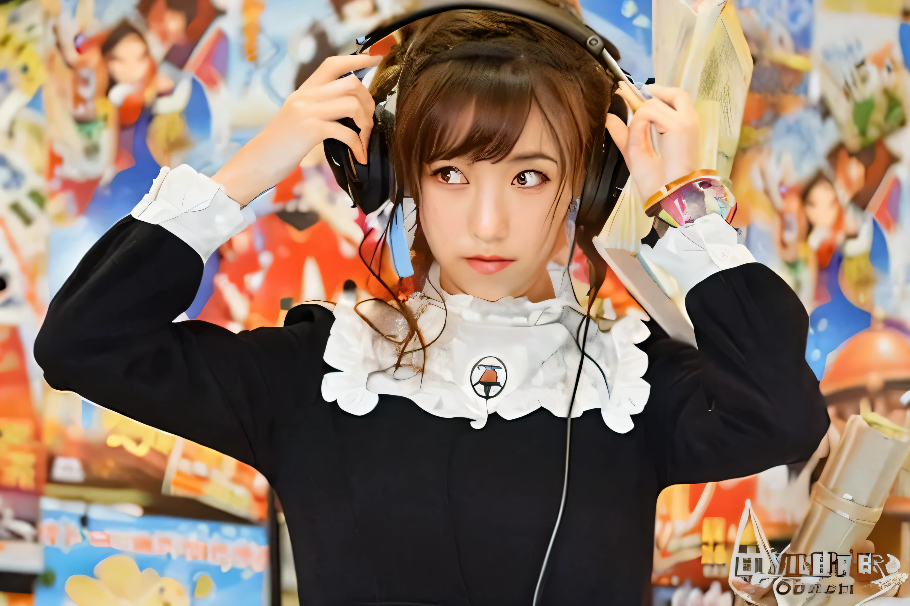 arafed image of a woman in a black dress with headphones, hana yata, marisa kirisame, sakimimichan, chiho, rin, rena nounen style 3/4, sakimichan, , anime peripheral, waifu, iwakura lain, junko enoshima, yukii morita, shiori teshirogi