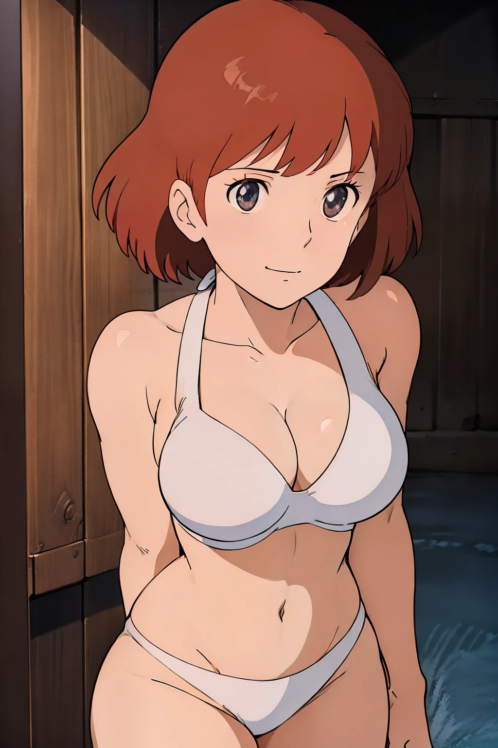 (masterpiece, best quality, high resolution, anime screencap, anime colored, 8k, photorealistic), Nausicaa, 16years old, milf, wife, solo, brown hair, sad smile, (looking at viewer), huge breasts, cleavage, (white bikini:1.5), Curvey, cowboy shot, (lake, wet), (perfect detailed anatomy, beautiful detailed face&eyes:1.5, shiny skin, perfect sharp body)