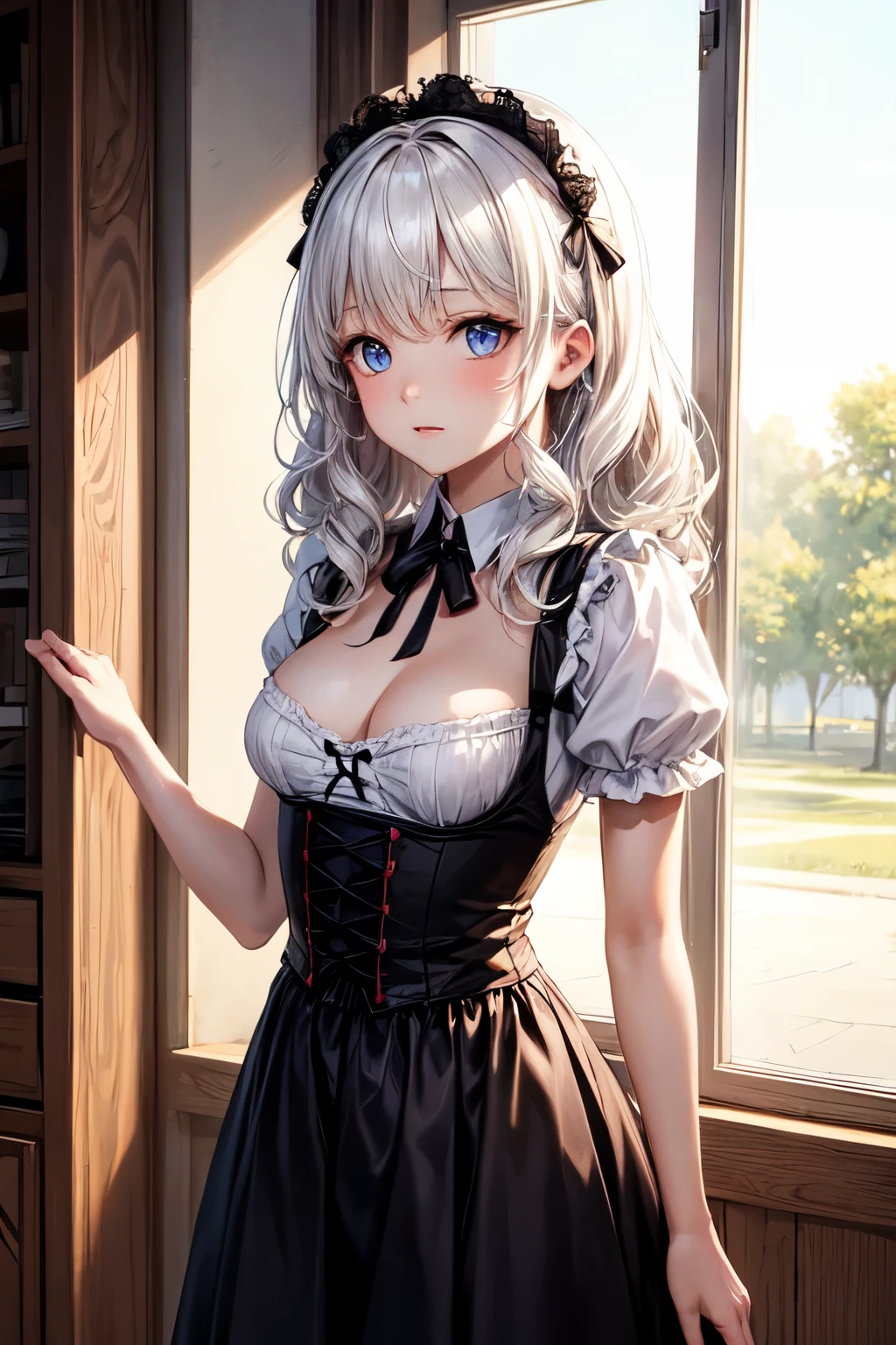realistisch、top quality、1 girl、Katzenohren ,kurzes Haar, wavy white hair, Speichel, Blaue Augen、Orgasmus, Dirndl in black and white、small breasts, auf alle Vieren