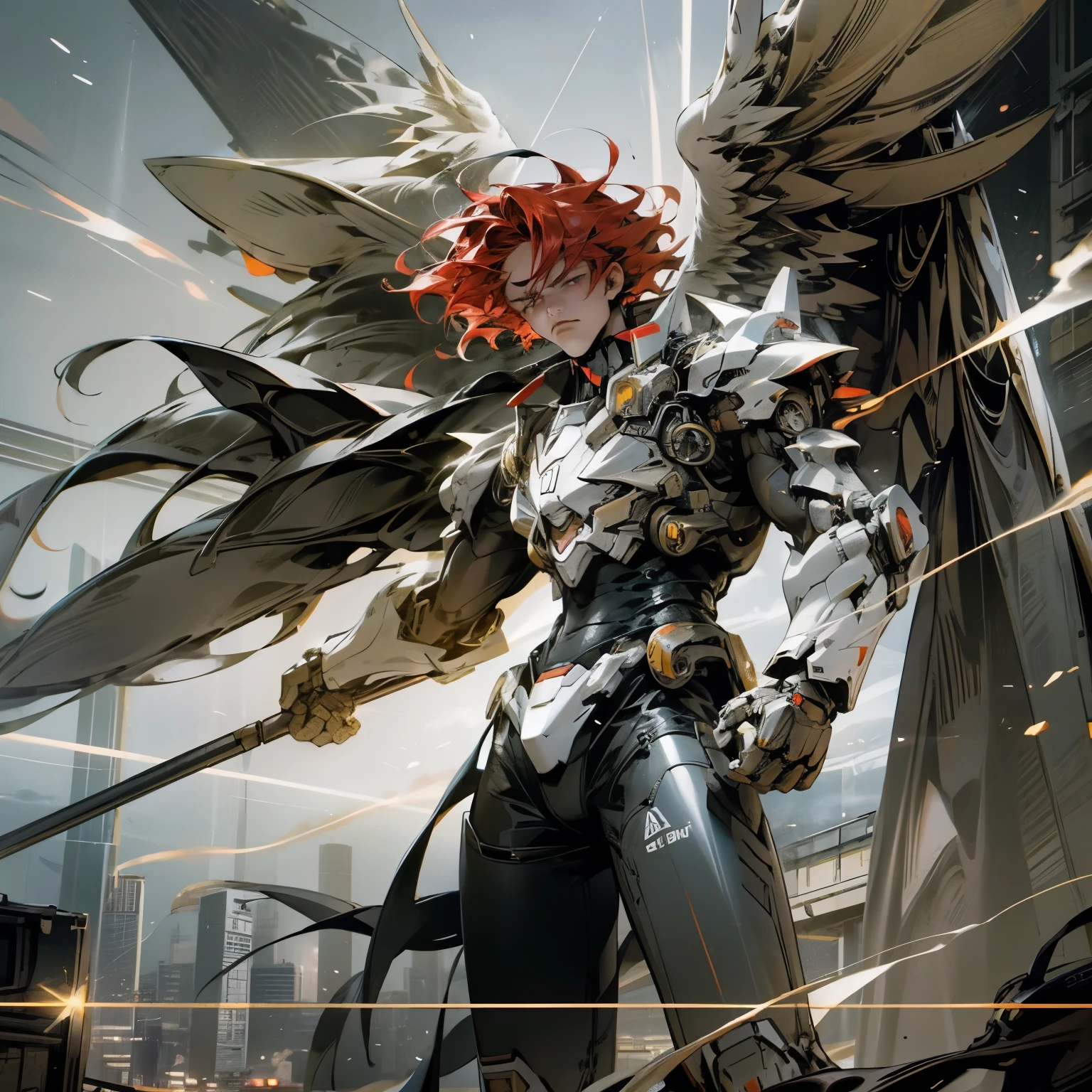 (best quality,realistic),mecha angel boy,red hair,red eyes,evangelion mecha,sci-fi,looking at viewer,vibrant colors,shiny metallic armor,glowing wings,dramatic lighting,explosions in the background,futuristic cityscape,mechanical details,action-packed scene,evoking a sense of power and awe,highly detailed design,sleek and streamlined,distinctive angelic features,intense expression,strong and confident posture,advanced technology,gritty and dark atmosphere,mechanical joints,energy beams shooting from hands,urban dystopia,impressive scale and size,ethereal aura,flames and smoke,dynamic motion,captivating and visually stunning.