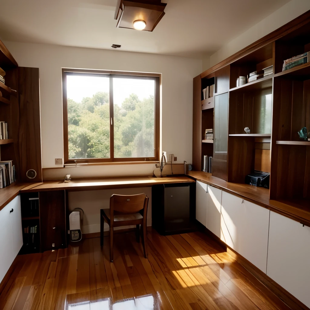 A 18 by 12 feet room with a big window must be at the center of the room with a cabinet on it side suitable for sitting. A study table for 4 person in the must be at the center of the roomand not attached to the wall. The big window and the table must be aligned at the center. A white board on the right wall of the room and 3 compartment cabinet on the left wall of the room. Decorative like a modern library with walnut woody theme.