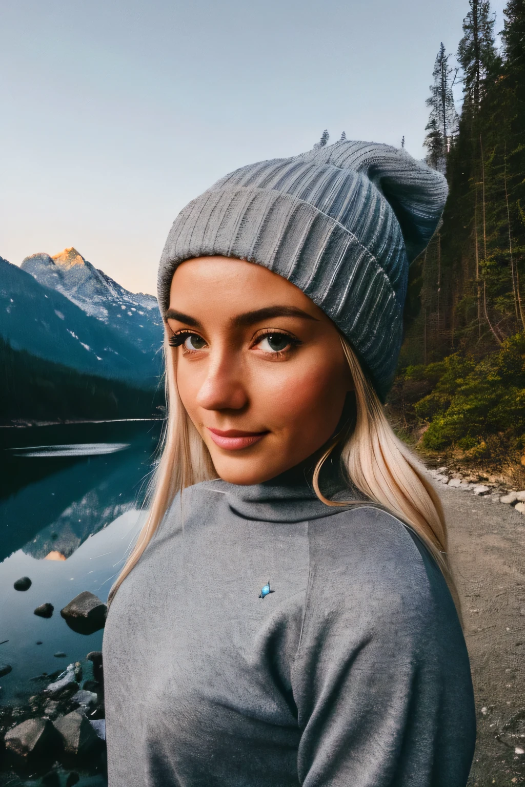 photorealistic, best quality, hyper detailed, Fit woman 23 years old, long gray hair, beautiful blonde woman, selfie photo, upper body, solo, wearing pullover, outdoors, (night), mountains, real life nature, stars, moon, (cheerful, happy), sleeping bag, gloves, sweater, beanie, flashlight, forest, rocks, river, wood, smoke, fog, clear sky, analog style, looking at viewer, skin texture, film grain, close up, ultra high res, best shadow, RAW, instagram LUT