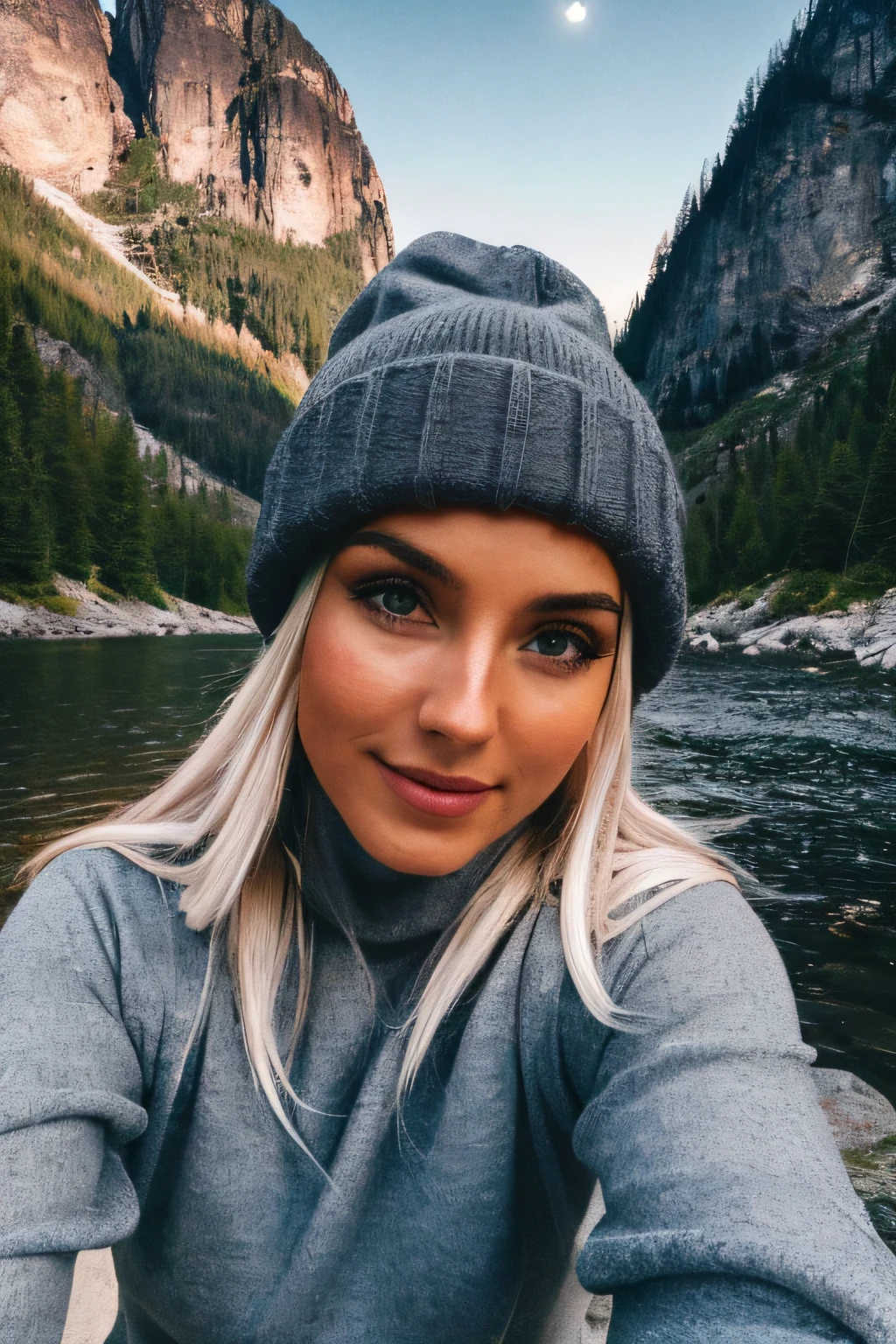 photorealistic, best quality, hyper detailed, Fit woman 23 years old, long gray hair, beautiful blonde woman, selfie photo, upper body, solo, wearing pullover, outdoors, (night), mountains, real life nature, stars, moon, (cheerful, happy), sleeping bag, gloves, sweater, beanie, flashlight, forest, rocks, river, wood, smoke, fog, clear sky, analog style, looking at viewer, skin texture, film grain, close up, ultra high res, best shadow, RAW, instagram LUT