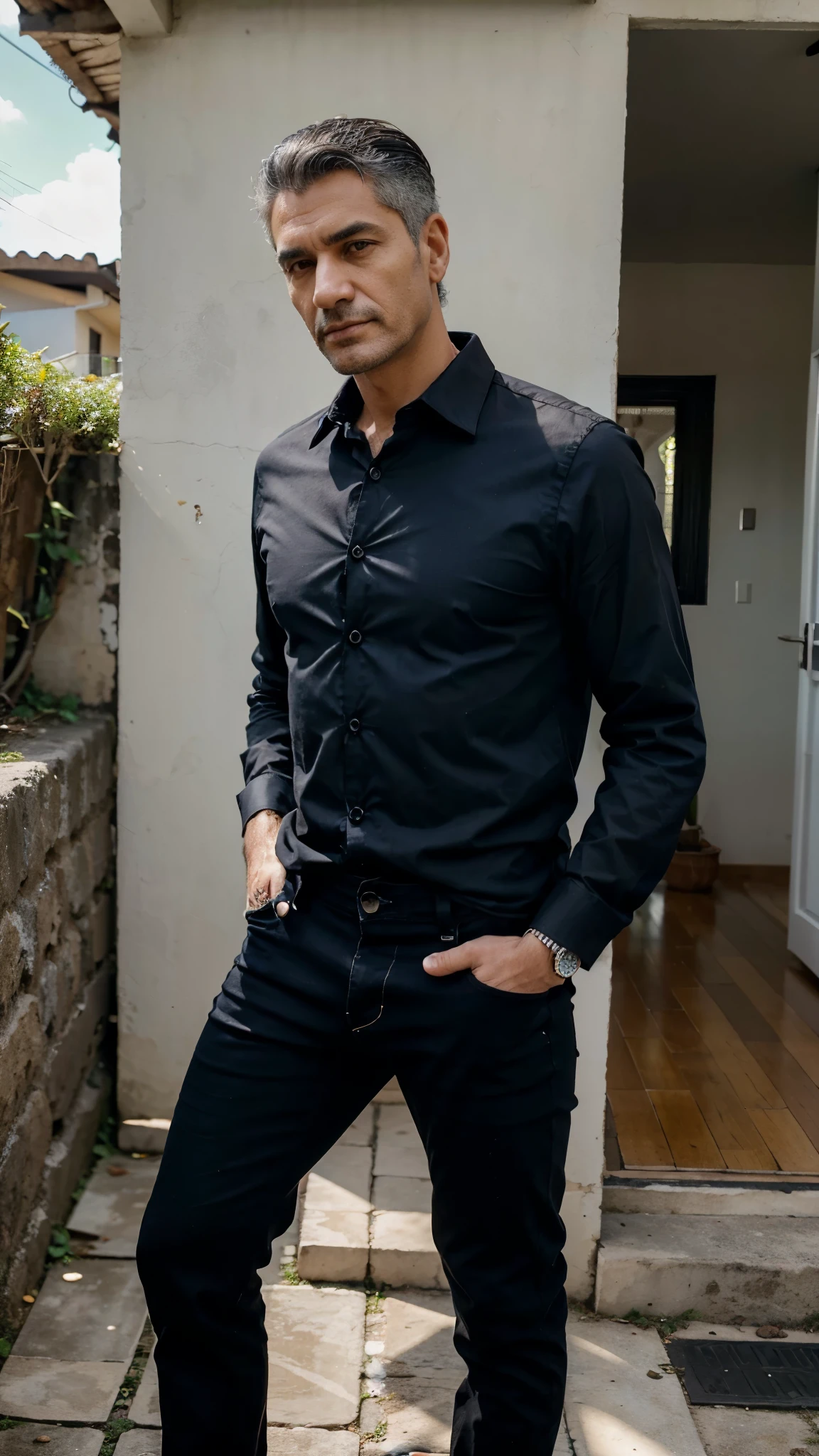 Man of advanced age, cabelo preto, olhos azuis, dress shirt with buttons, black jeans pants, sapato social, floresta, casa simples, rua de pedra, ultra realista, 4k.