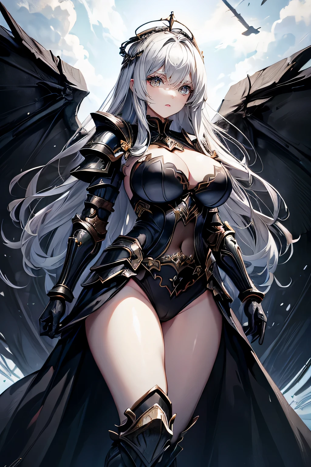 woman with a detailed face,big breasts, dressed in a armor detailed , full body, detailed eyes, long eyelashes, shining, background is war, crown on her head, dark colors, wings,