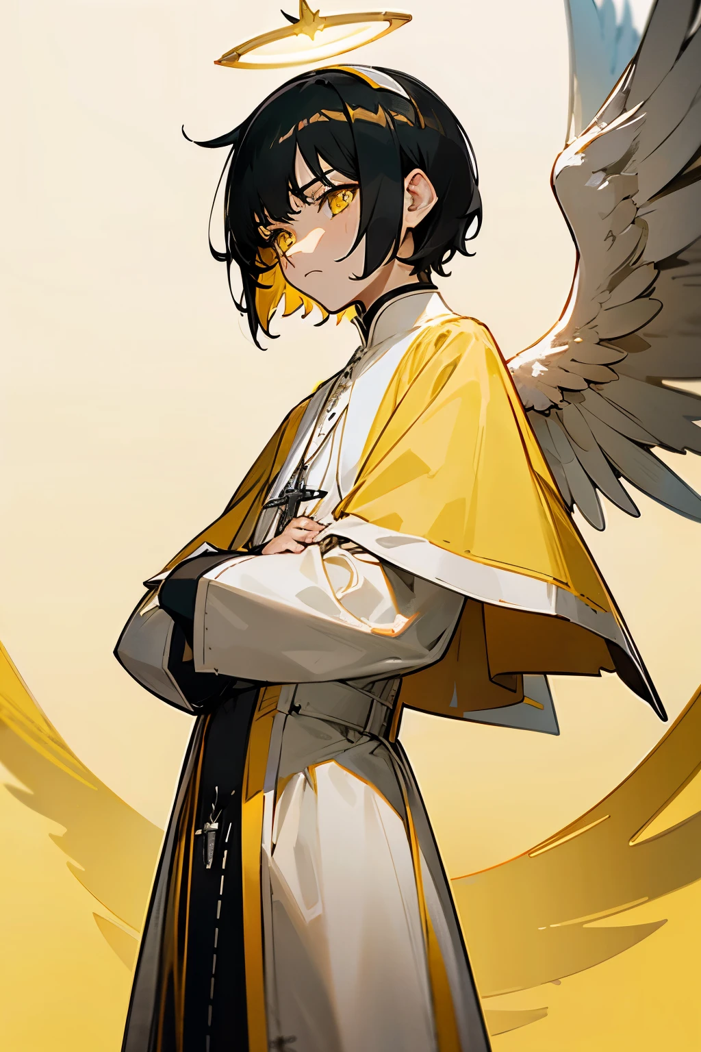 1man, short black hair, yellow eyes, slim, old, pope outfit, angel wings, ultra-detailed, masterpiece, frown,