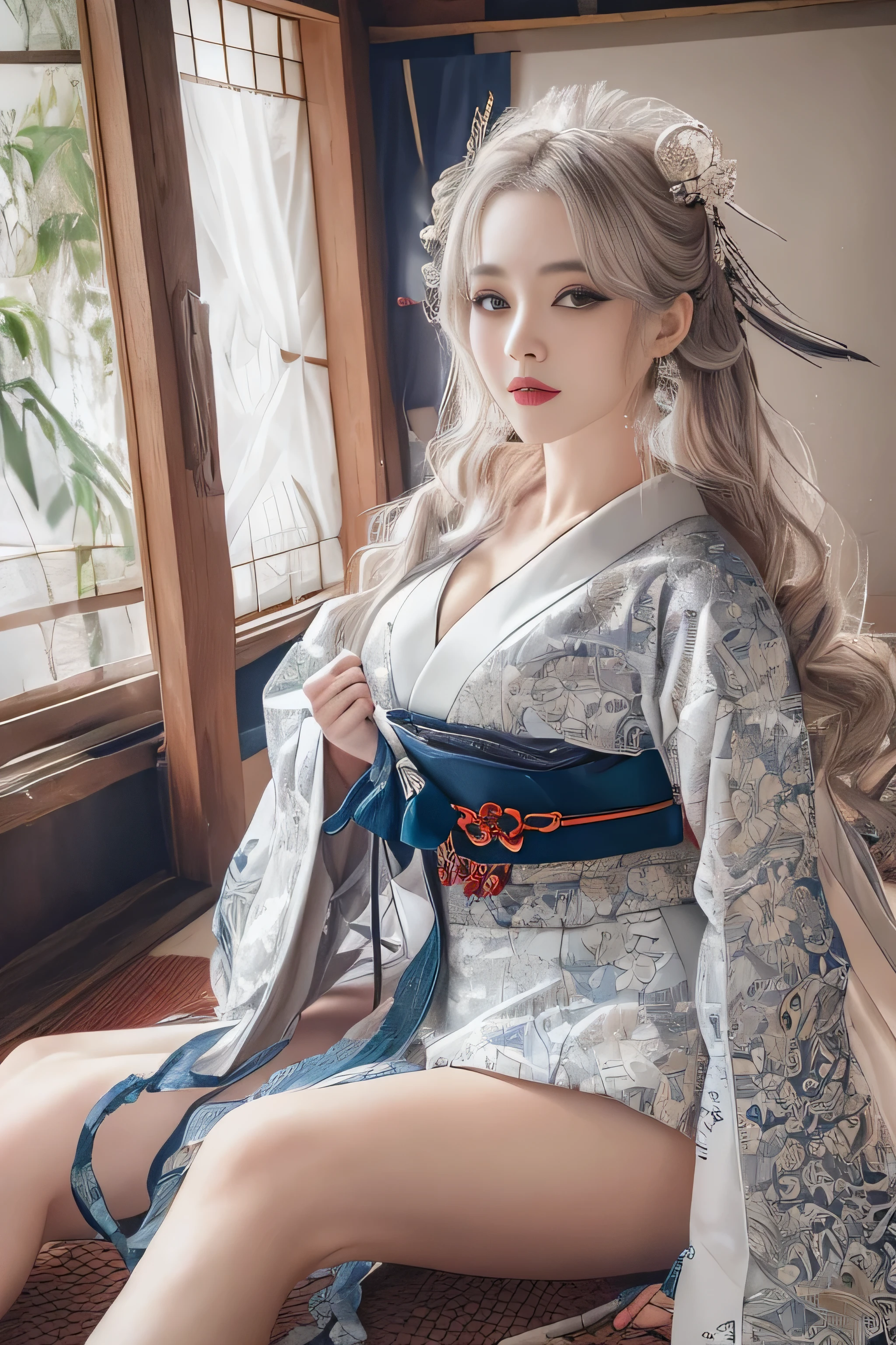 highest quality、High resolution、Super detailed、masterpiece、(Live shooting:1.5)、genuine:1.5、photogenuineistic:1.5、very delicate and beautiful、small details、(Japan around 1700:1.5)、1 female、(super beautiful)、(beautiful face:1.5)、(detailed face:1.5)、(fine eyes)、(detailed lips)、(detailed nose)、(Kunoichi)、(Ninja Costumes)、(barefoot:1.5)、(spread your legs:1.5)、(In a room of the feudal lord's mansion:1.5)、(At SFW)