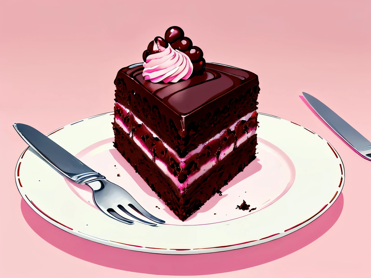 Make a cake
Chocolate cake
Pink background, solid color, only the pink background color
This cake is cut with the slice on the plate next to it
Ultra realistic photo, qualidade 8k, fullhd