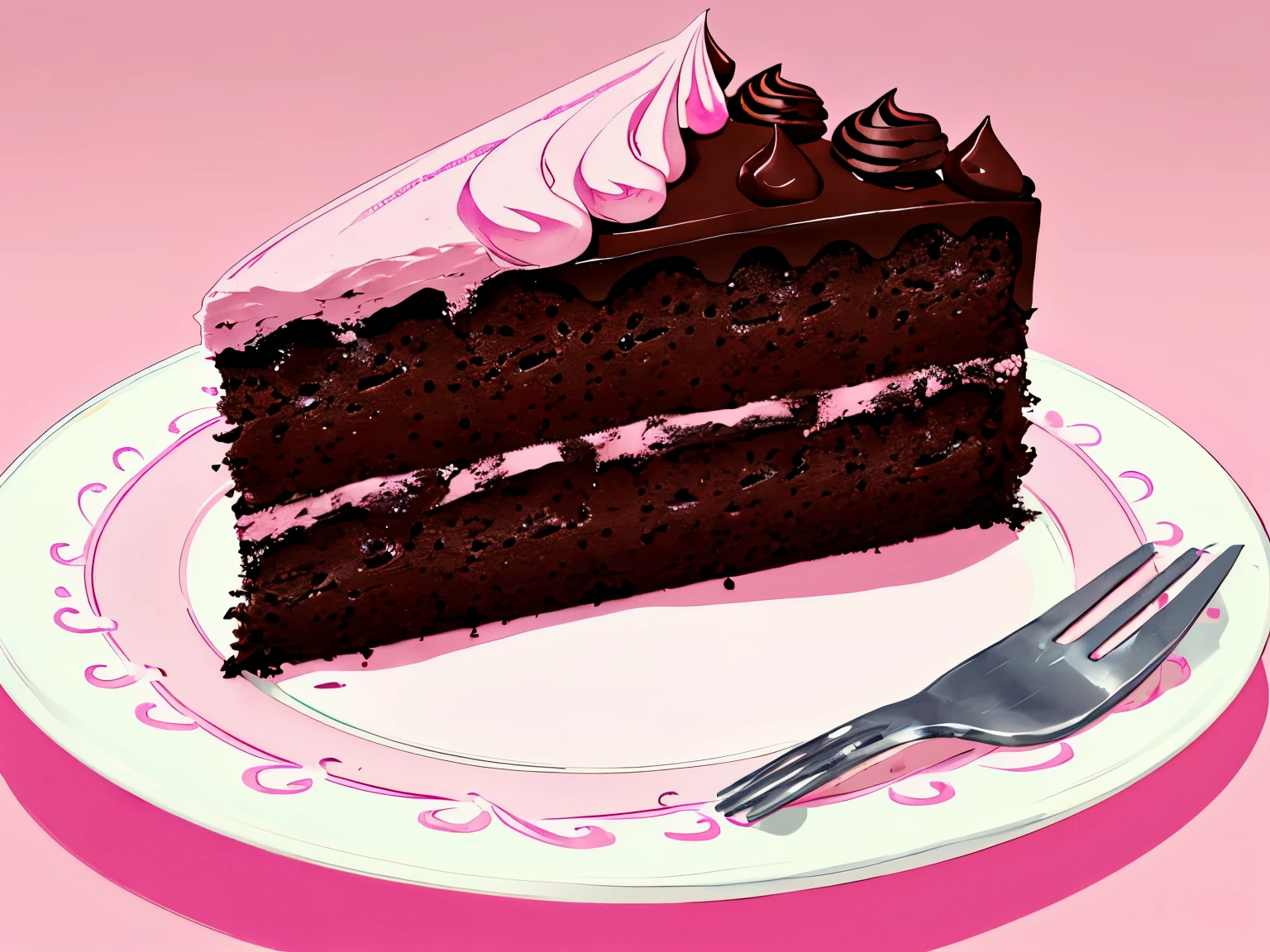 Make a cake
 Chocolate cake
 Pink background, solid color, only the pink background color
This cake is cut with the slice on the plate next to it
Ultra realistic photo, qualidade 8k, fullhd
