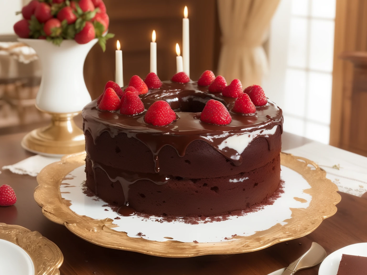 A delicious and tempting chocolate cake, (best quality, highres, ultra-detailed:1.2), with rich, dark chocolate frosting. The cake is perfectly moist and fluffy, with layers of decadent chocolate ganache filling in between. The frosting is artfully swirled and smoothed to perfection, creating a luscious and glossy finish. The cake is adorned with a generous sprinkling of chocolate shavings on top, adding an extra touch of elegance. The cake is presented on a beautiful, porcelain cake stand, with delicate floral patterns and intricate details. The surrounding table is decorated with fresh strawberries, raspberries, and a dusting of powdered sugar, enhancing the overall aesthetic. The lighting is soft and warm, casting a gentle glow on the cake, highlighting its mouthwatering appeal. The colors are rich and vibrant, showcasing the deep, velvety brown tones of the chocolate. The overall ambiance exudes sophistication and indulgence, making this chocolate cake a true masterpiece.