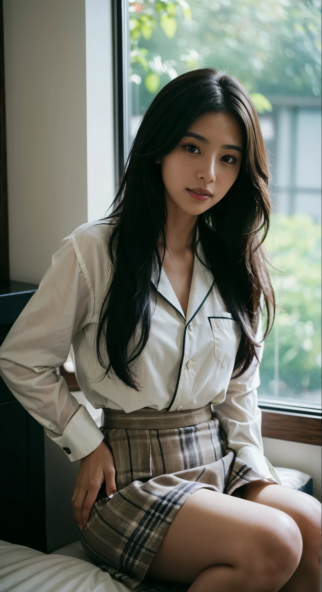 29 years old, gorgeous cute  American girl, Smile, freckles, (dark skin:1.5), (medium beige long hair:1.4), (Kim Kardashian:1.1), araffe woman in a white shirt and a black and white checkered skirt, shiori teshirogi, kimi takemura, chiho, chiho ashima, japanese model, style of yoshii chie, narumi kakinouchi, aoi ogata, yasumoto oka, kiko mizuhara, deayami kojima, sexy look, famous beautiful model, good young girl, (masterpiece:1.0), (best_quality:1.0), ultra high res,4K,ultra-detailed, photography, 8K, HDR, highres, absurdres:1.2, Kodak portra 400, blurry background, bokeh, lens flare, (vibrant_color:1.2),professional photograph, (beautiful_face:1.5),(narrow_waist). --v 6