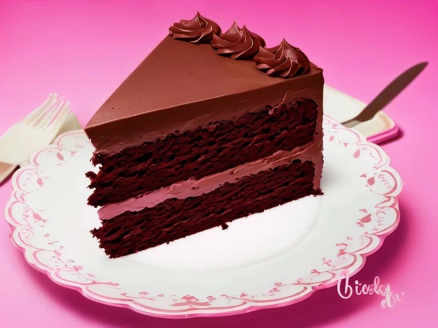 Make a cake
Chocolate cake
Pink background, solid color, only the pink background color
This cake is cut with the slice on the plate next to it
Ultra realistic photo, qualidade 8k, fullhd