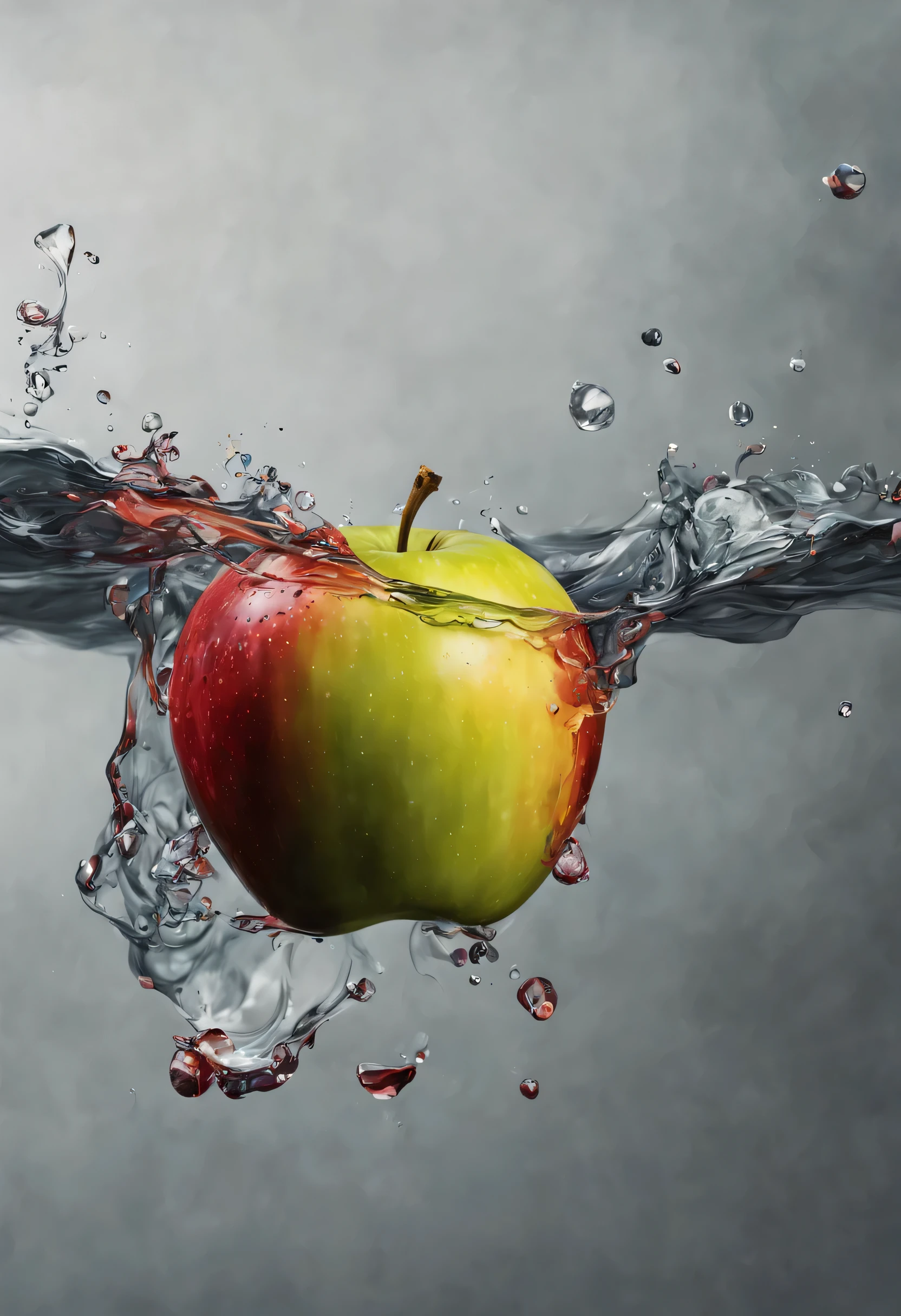 Ma apple sitting on top of the water on the right side, fundo escuro lado esquerdo, pintura digital hiper realista, Hiper-realismo colorido, amazing food illustration, amazing food photography, hyper realistic oil painting, foto colorida hiper realista, ultrarealistic oil painting, fotografia colorida realista, hyper realistic oil painting, hyperrealistic oil painting, Beautiful 3D rendering, pintura digital hiper-realista