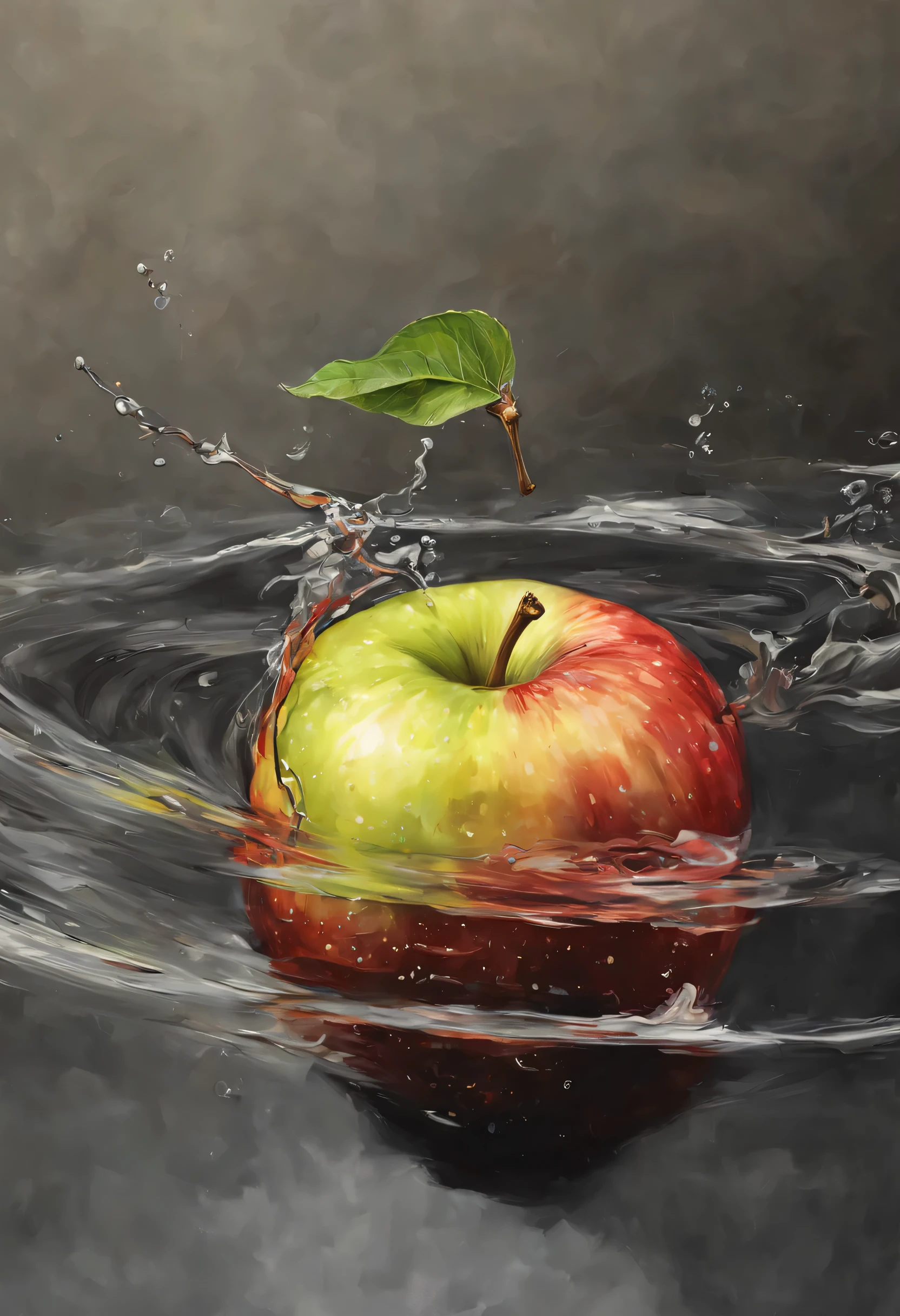 Ma apple sitting on top of the water on the right side, fundo escuro lado esquerdo, pintura digital hiper realista, Hiper-realismo colorido, amazing food illustration, amazing food photography, hyper realistic oil painting, foto colorida hiper realista, ultrarealistic oil painting, fotografia colorida realista, hyper realistic oil painting, hyperrealistic oil painting, Beautiful 3D rendering, pintura digital hiper-realista