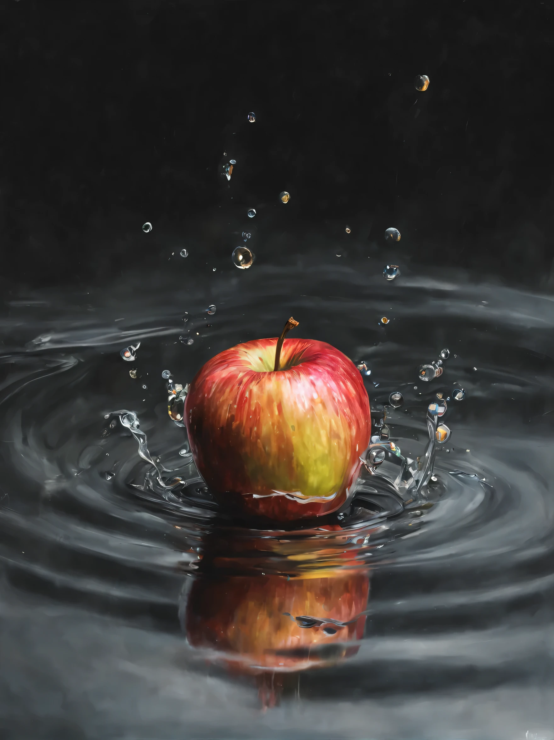 Ma apple sitting on top of the water on the right side, fundo escuro lado esquerdo, pintura digital hiper realista, Hiper-realismo colorido, amazing food illustration, amazing food photography, hyper realistic oil painting, foto colorida hiper realista, ultrarealistic oil painting, fotografia colorida realista, hyper realistic oil painting, hyperrealistic oil painting, Beautiful 3D rendering, pintura digital hiper-realista