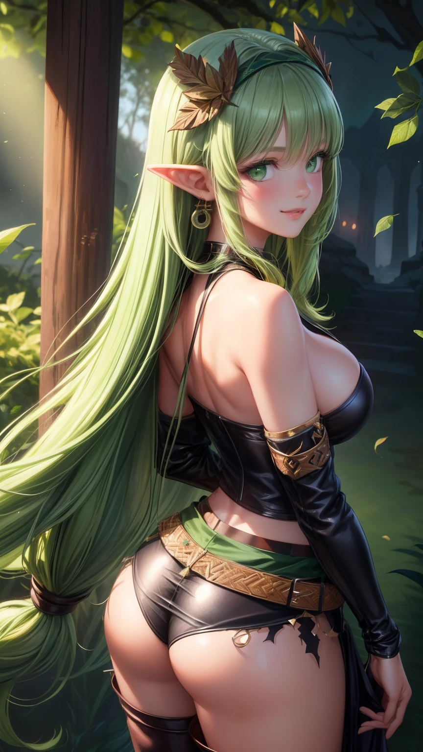 (masterpiece, Digital Art, Digital Illustration, 4K, 8K, Ultra-detailed, beautiful image, Sharp Image, Photorealistic, Raw photo, Perfect face, Perfect lines, Perfect eyes, Soft lighting), (((solo))), ultra detail, RPG, Dungeons&Dragons, medieval, fantasy, woman, determined, attractive, hero, elven druid, ((((green long hair, bangs, green eyes)))), ((blush face, alluring smile)), (((big booty))), (((tribal costume, torn skirt, hair ornaments, head band, leaf ornaments, animal fur, leather belts, leather pouchs, straps, cleavage))), in a dark forest, (((very dark night))), ((((from behind, looking away))))