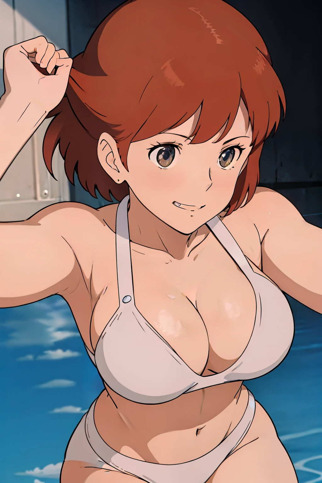 (masterpiece, best quality, high resolution, anime screencap, anime colored, 8k, photorealistic), Nausicaa, 16years old, milf, wife, solo, brown hair, sad smile, (looking at viewer), huge breasts, cleavage, (white bikini:1.5), Curvey, cowboy shot, (lake, wet), (perfect detailed anatomy, beautiful detailed face&eyes:1.5, shiny skin, perfect sharp body)