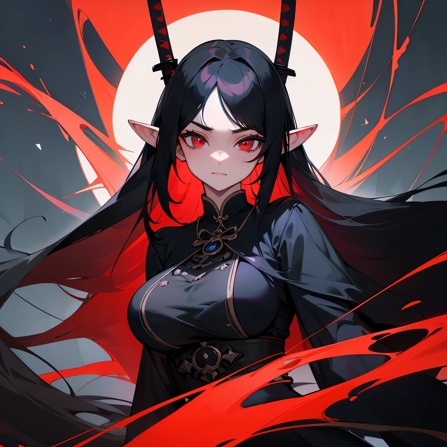 Meisterwerk,perfect_face#black_long_straight_hair#red_eyes#black_top#revealing_skinn#elve#katana#big_breast