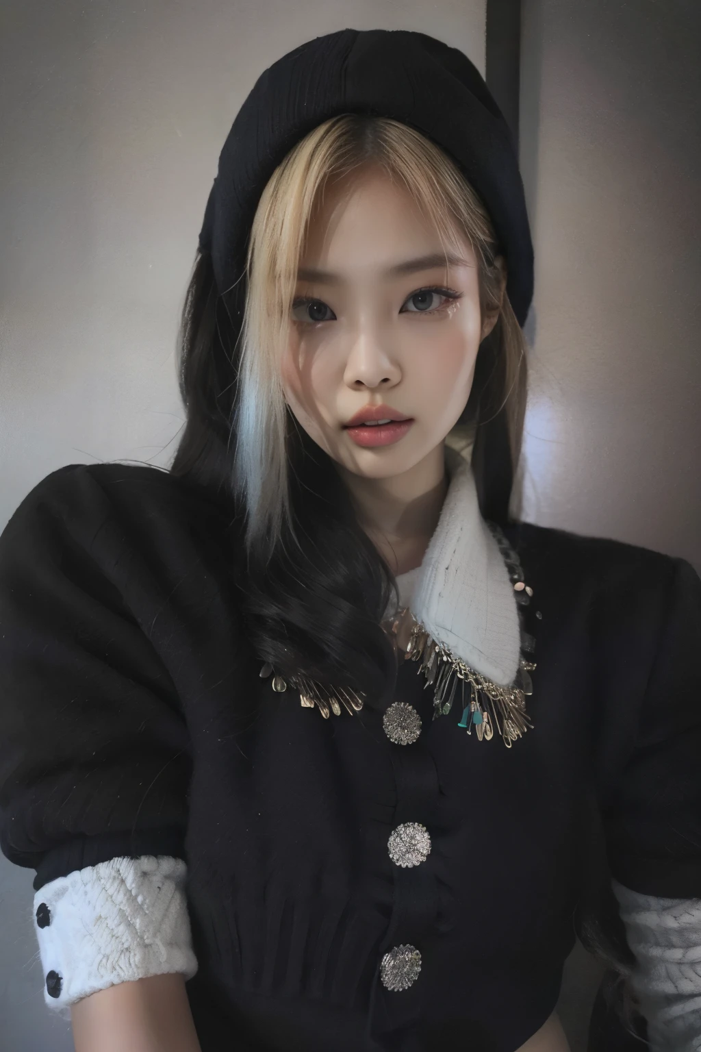 araffes uma mulher com uma jaqueta preta e um lenço branco, portrait of jossi do blackpink, parque roseanne de blackpink, jossi do blackpink, garota gótica coreana cruel, jennie blackpink, Kim Doyoung, Sun Yunjoo, Ulzzang, Jisoo do Blackpink, retrato de jisoo blackpink, Jinyoung Shin, Lalisa Manoban do Blackpink, taejune kim