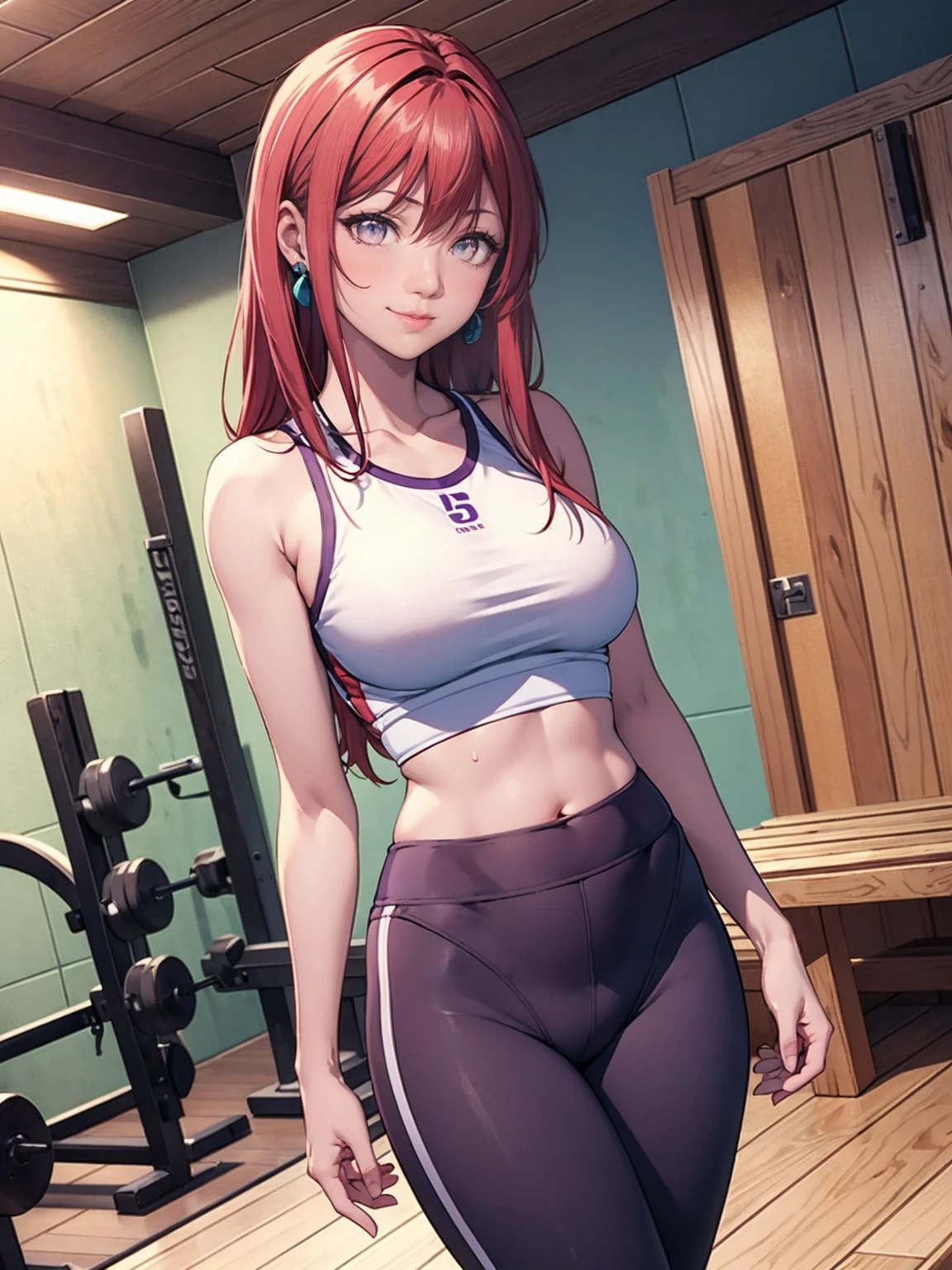 ((tank top, yoga pants, tight clothes)), 1girl, milf, standing, sexy pose, ((gym, 1girl, dark purple eyes, lit gym)), with gym equipment, mirrors,, red lipstick, sweating, steam in the room, wooden sauna, TakashiroHiroko, dark purple eyes))), Takashiro Hiroko, 1girl, mature woman, alone, legs crossed, cowboy shot, looking at viewer, smile, blushing, dark purple eyes, long hair, red hair, earrings, jewelry