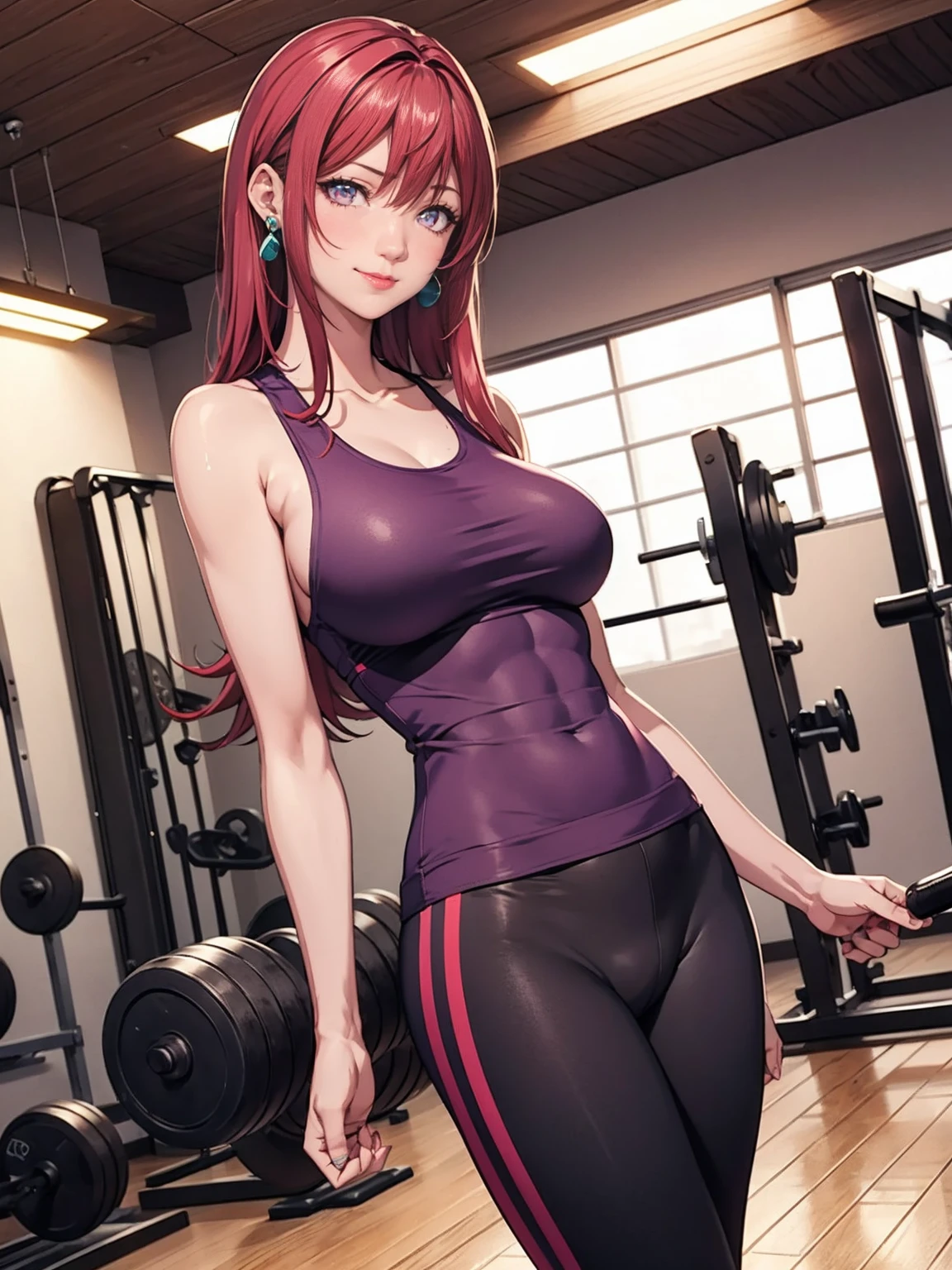 ((tank top, yoga pants, tight clothes)), 1girl, milf, standing, sexy pose, ((gym, 1girl, dark purple eyes, lit gym)), with gym equipment, mirrors,, red lipstick, sweating, steam in the room, wooden sauna, TakashiroHiroko, dark purple eyes))), Takashiro Hiroko, 1girl, mature woman, alone, legs crossed, cowboy shot, looking at viewer, smile, blushing, dark purple eyes, long hair, red hair, earrings, jewelry