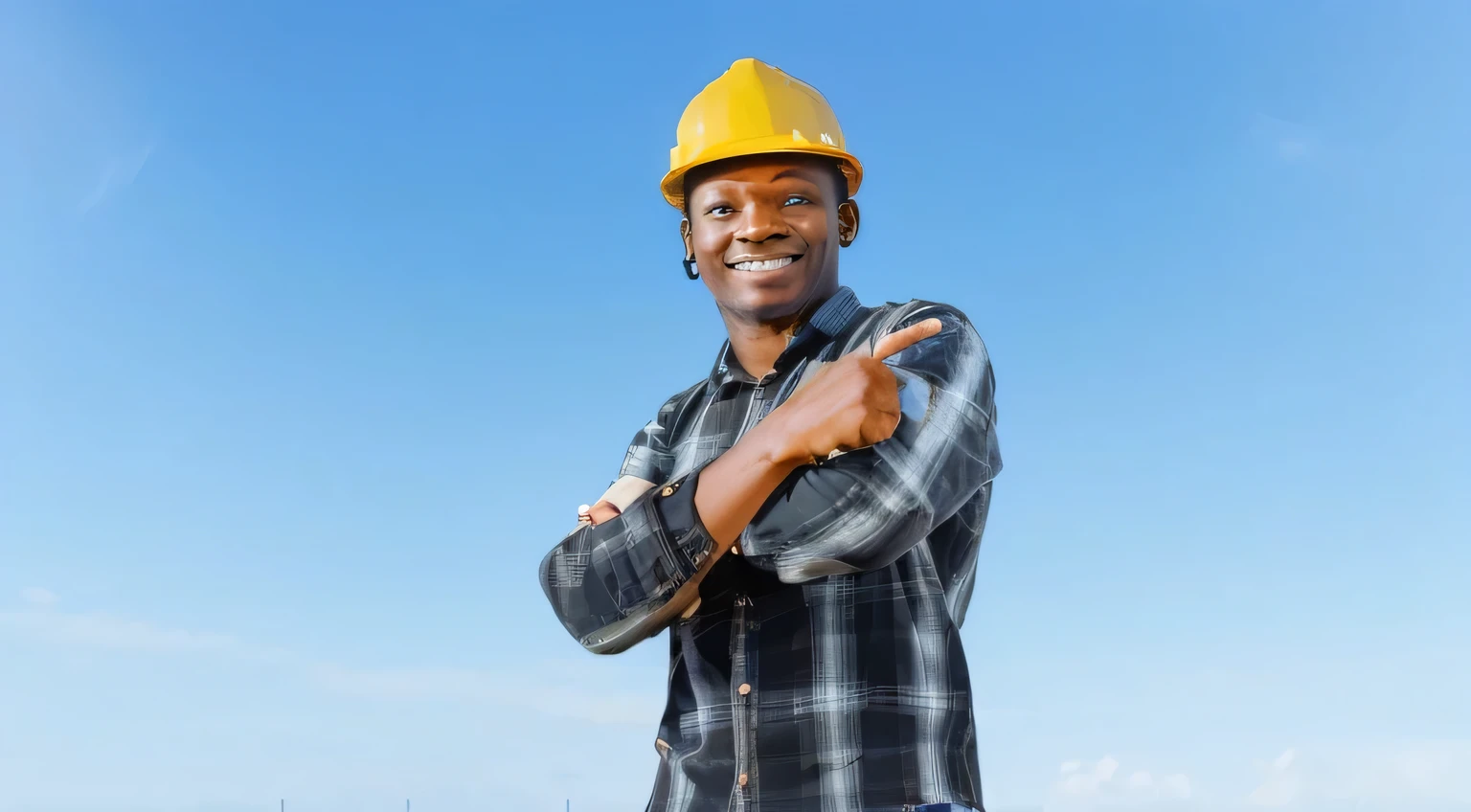 A photo realistic image of a black construction foreman or engineer wearing a hard hat, Looking and smiling at the camera, with the index finger of the right hand pointing to the side, against a backdrop of clear blue sky.