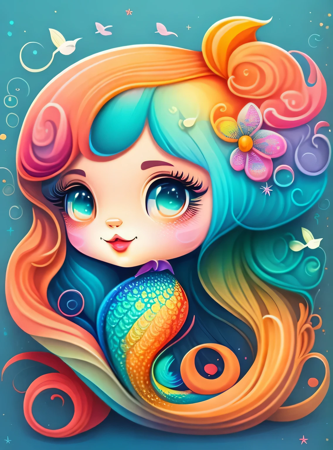 the colorida abstract of cute little mermaid, (colorida,altamente detalhado,arte vetorial)