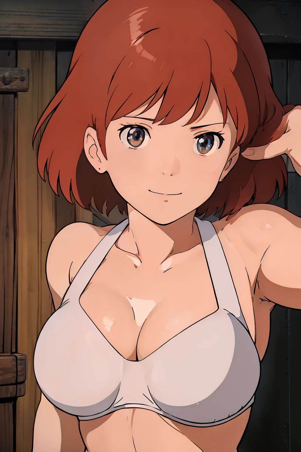 (masterpiece, best quality, high resolution, anime screencap, anime colored, 8k, photorealistic), Nausicaa, 16years old, milf, wife, solo, brown hair, sad smile, (looking at viewer), huge breasts, cleavage, (white bikini:1.5), Curvey, cowboy shot, (lake, wet), (perfect detailed anatomy, beautiful detailed face&eyes:1.5, shiny skin, perfect sharp body)