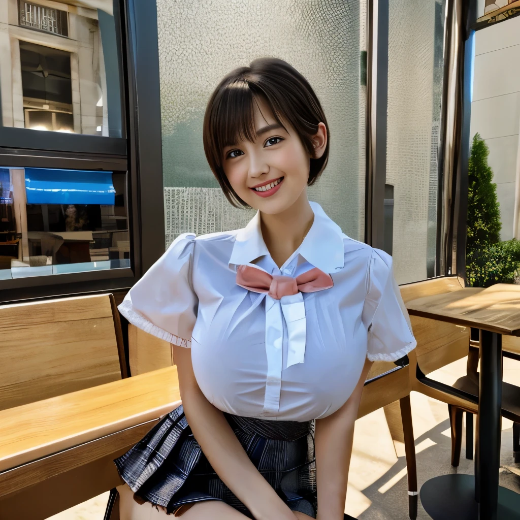 8K, highest quality, masterpiece:1.2), (software:1.3), (realistic, photo-realistic:1.37), super detailed, 1 girl,huge breasts、cute, alone,beautiful and detailed sky,Detailed cafe,legs spread、date,(blush your nose),(smile:1.1),(closed mouth) huge breasts,beautiful and fine eyes,(collared shirt:1.1), bow tie,pleated skirt,(short hair:1.2),floating hair