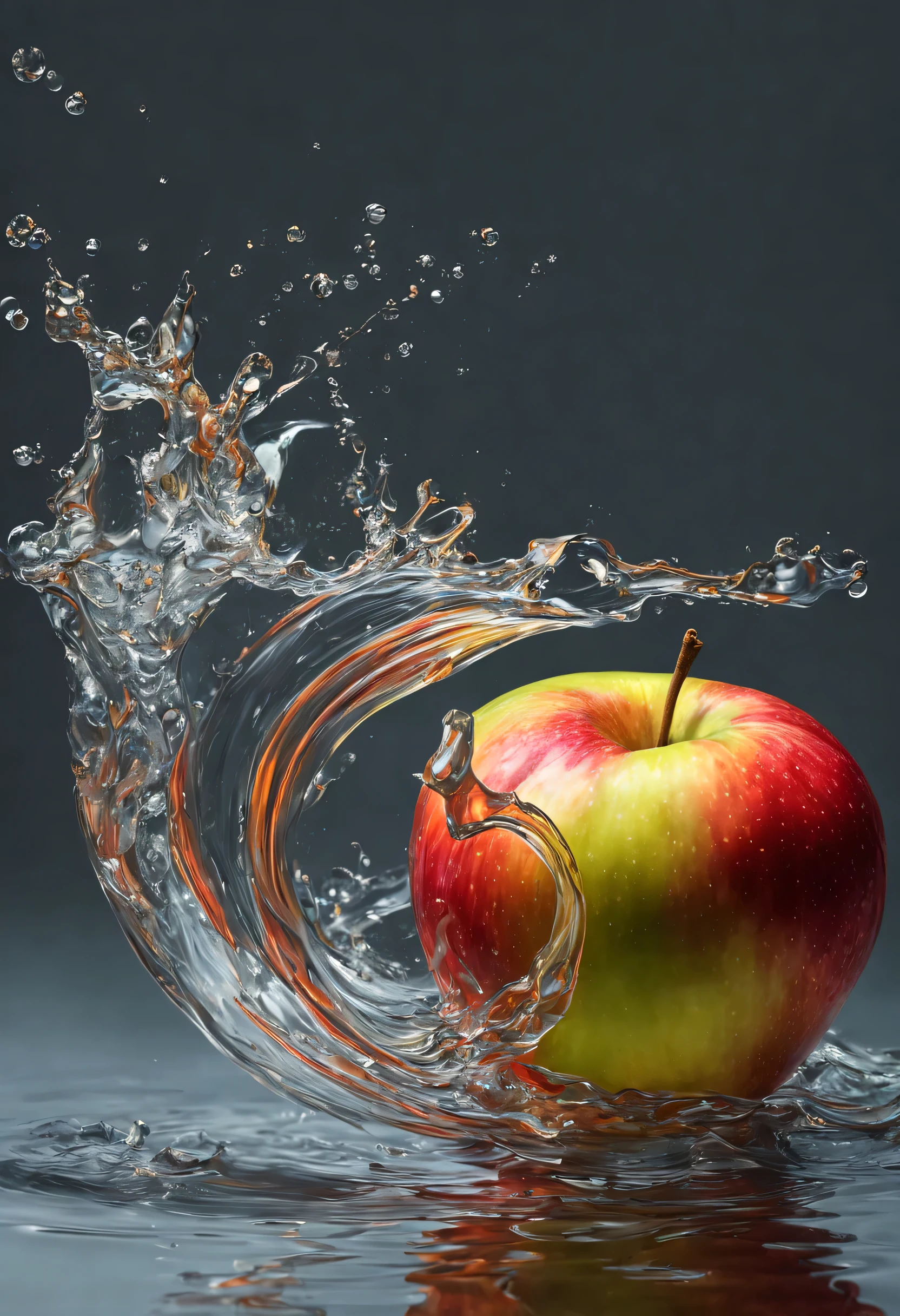 Сверх высокое качество,сверхвосокая реалистичность,Ma apple sitting on top of the water on the right side, fundo escuro lado esquerdo, pintura digital hiper realista, Hiper-realismo colorido, amazing food illustration, amazing food photography, hyper realistic oil painting, foto colorida hiper realista, ultrarealistic oil painting, fotografia colorida realista, hyper realistic oil painting, hyperrealistic oil painting, Beautiful 3D rendering, pintura digital hiper-realista