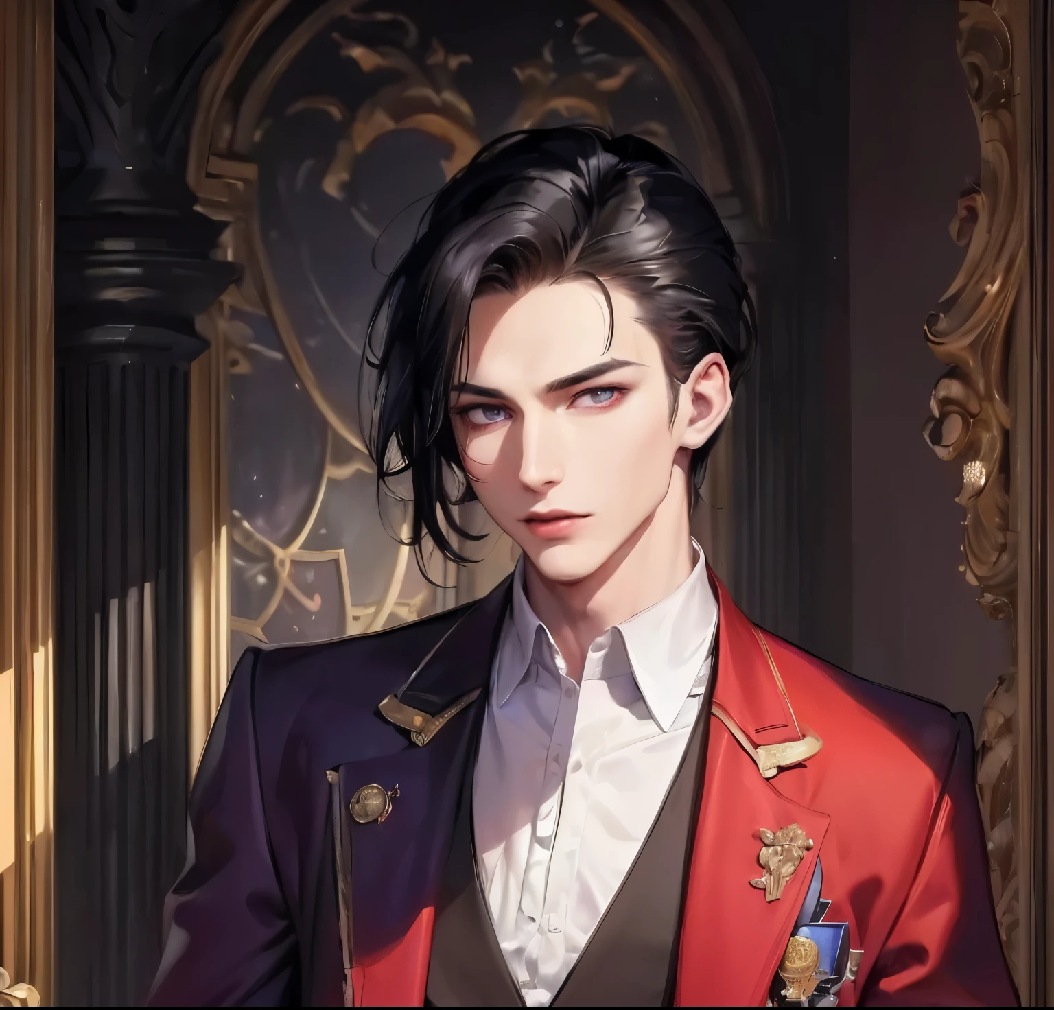 (masterpiece, top quality, best quality, official art, beautiful and aesthetic:1.2), extreme detailed, colorful, highest detailed, one man, tall, medium black hair reaching shoulders, light purple eyes, pale vampire skin, fit body, broad shoulders, 20 years old, charming, (vampire), charming smirk, handsome, red blazer with black shirt, dark living room