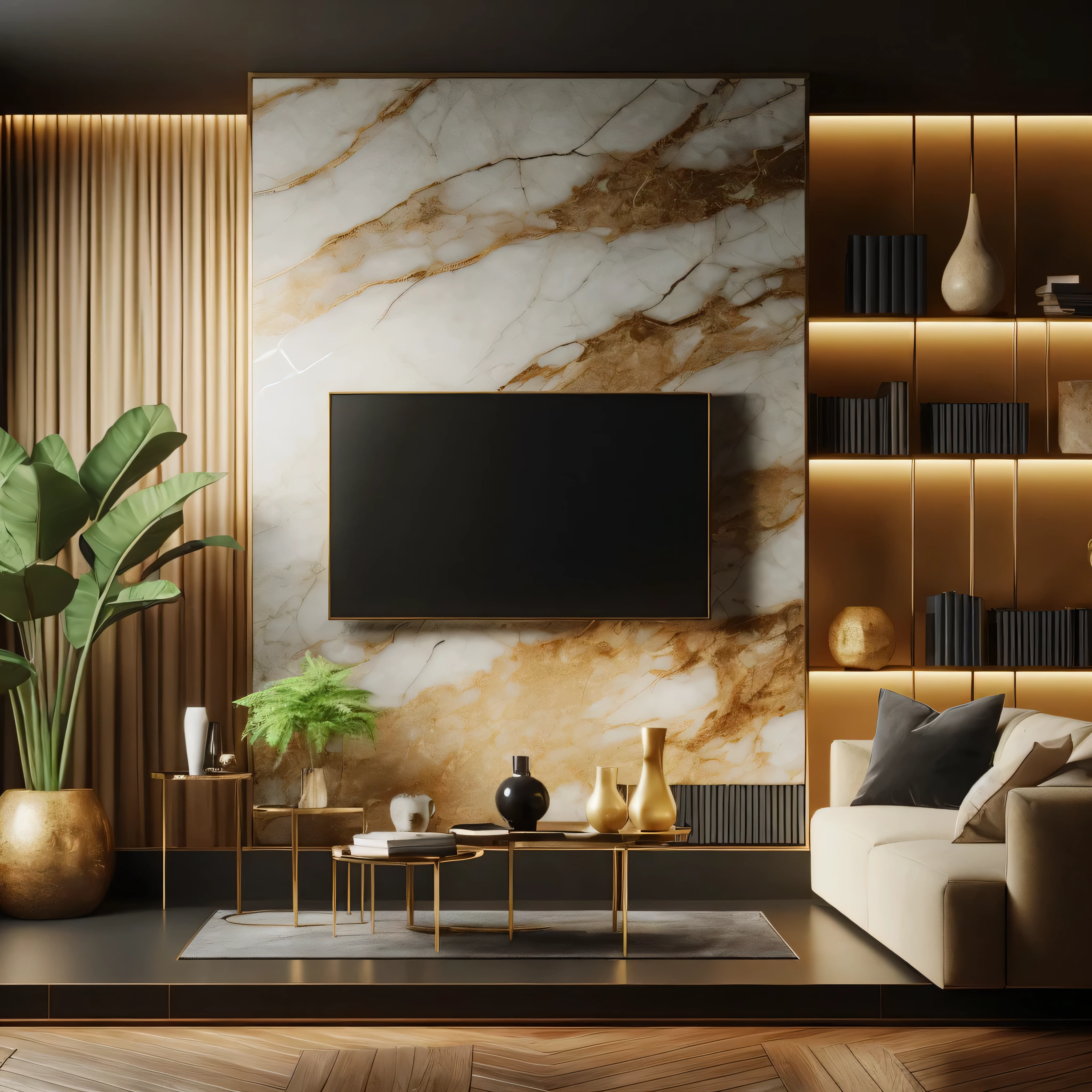 A modern luxury interior design background UHD, photorealistic that is comfortable for study. It has a marble wall, a couch and a book shelf on the left. It also has some plants to add some greenery and freshness. the color pallete is dark golden. the room is a little darker and there is artificial green lights in the background, the floor is white marble