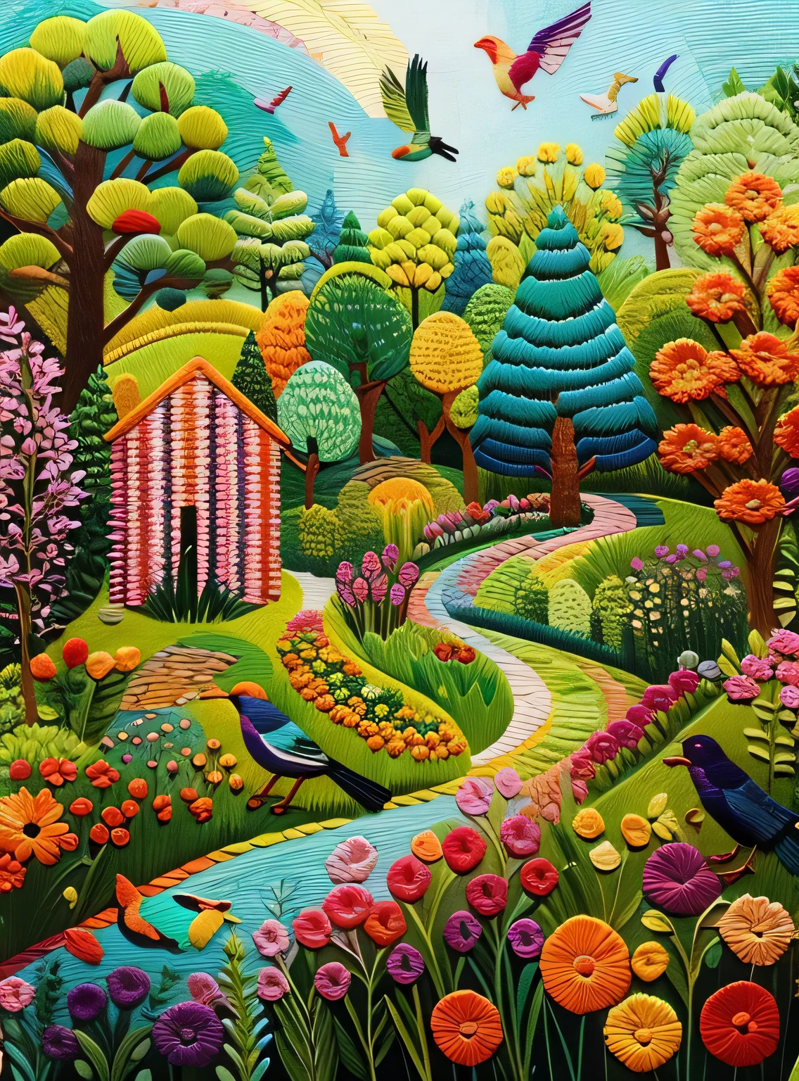 Embroidered garden and birds in many colors