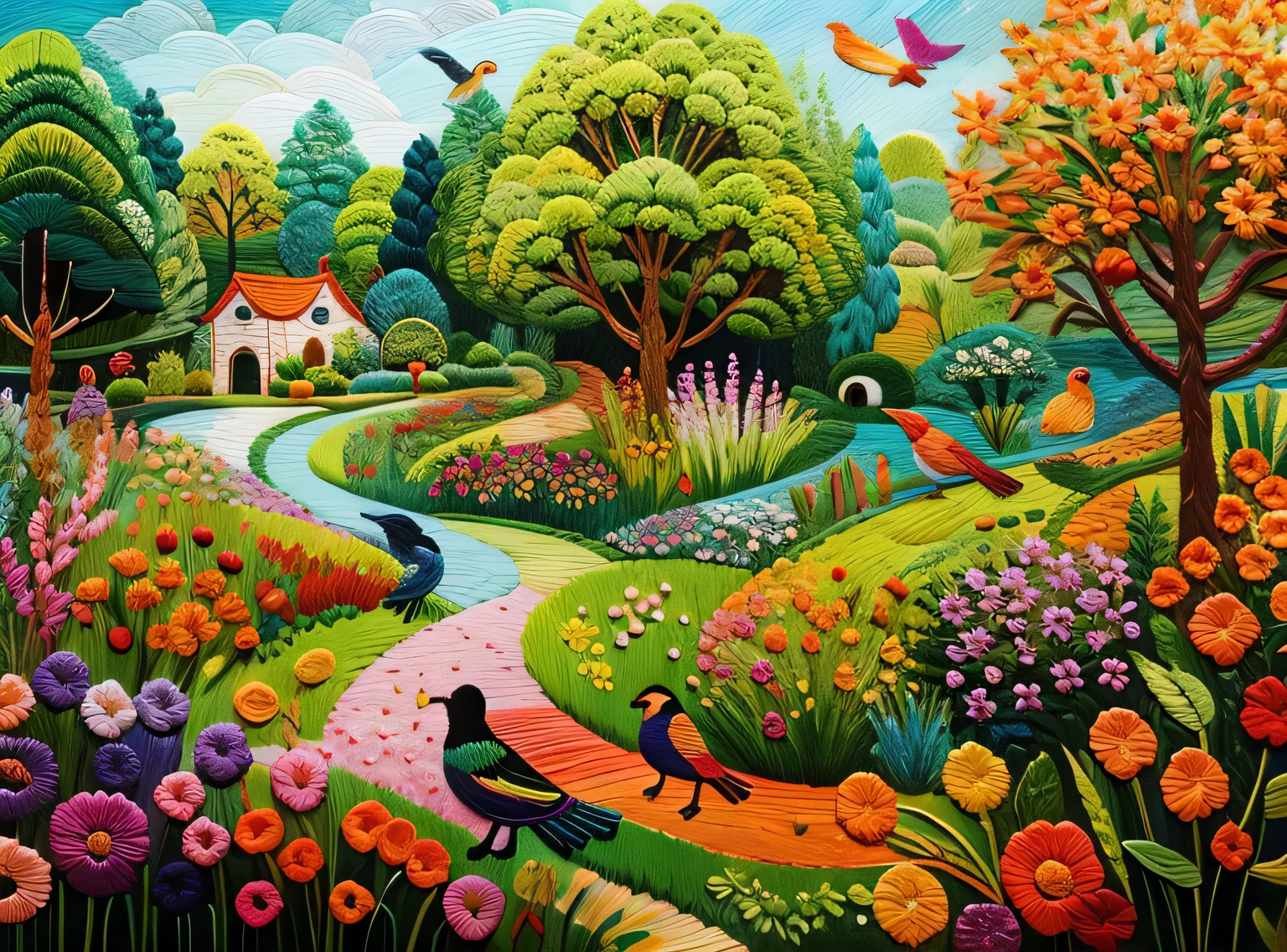 Embroidered garden and birds in many colors