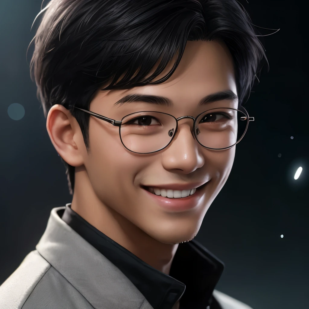 Masterpiece, best quality, Perfect anime illustration, 1 boy, male, dark skin, close up, smile, very short black hair, light particle, thin metal glasses, volumetric lighting, Canon EOS-1D X Mark III f/2.8, studio lighting