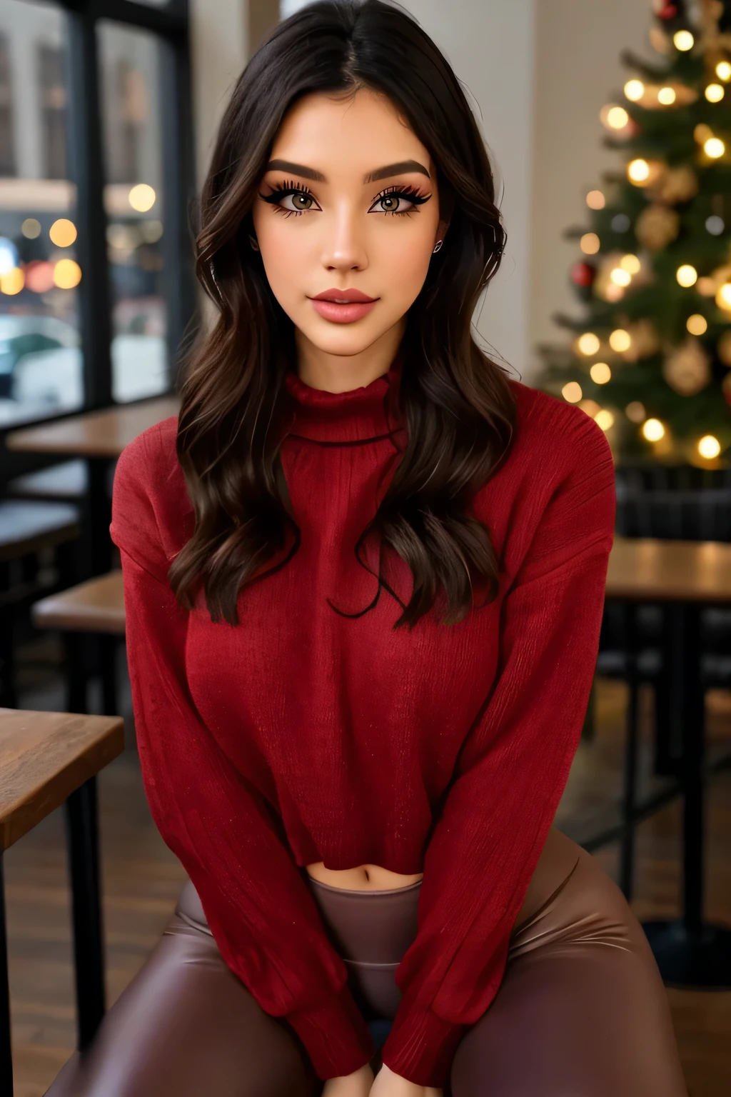 alicedelish, sitting in the coffee shop, (wearing edgPO pullover, edgPO), (wearing leggings), perfect brunette hair, modern photo, (35mm, F/2.8) Photo Focus, DOF, Aperture, insanely detailed and intricate, character, hypermaximalist, beautiful, revealing, appealing, attractive, amative, christmas sweater, hyper realistic, super detailed, beautiful woman, ((detailed eyes)), makeup, eyeliner, long eyelashes, (glossy lips), wide hips