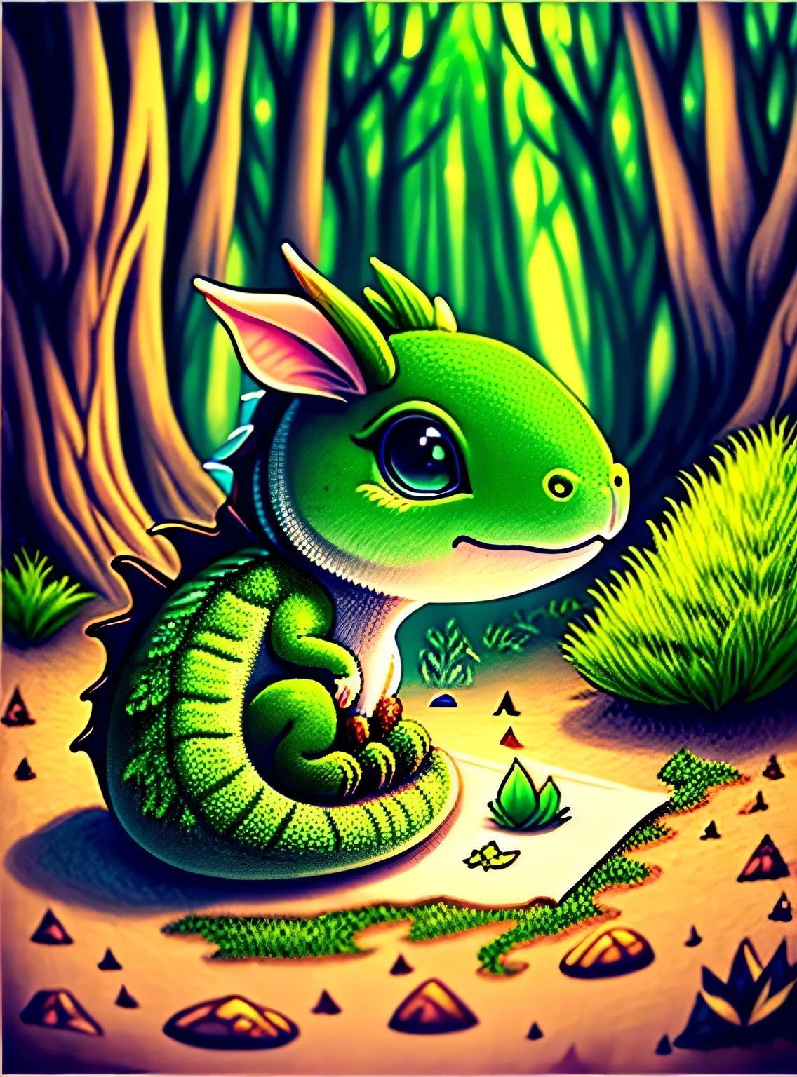 Draw a friendly little dragon in a magical forest.