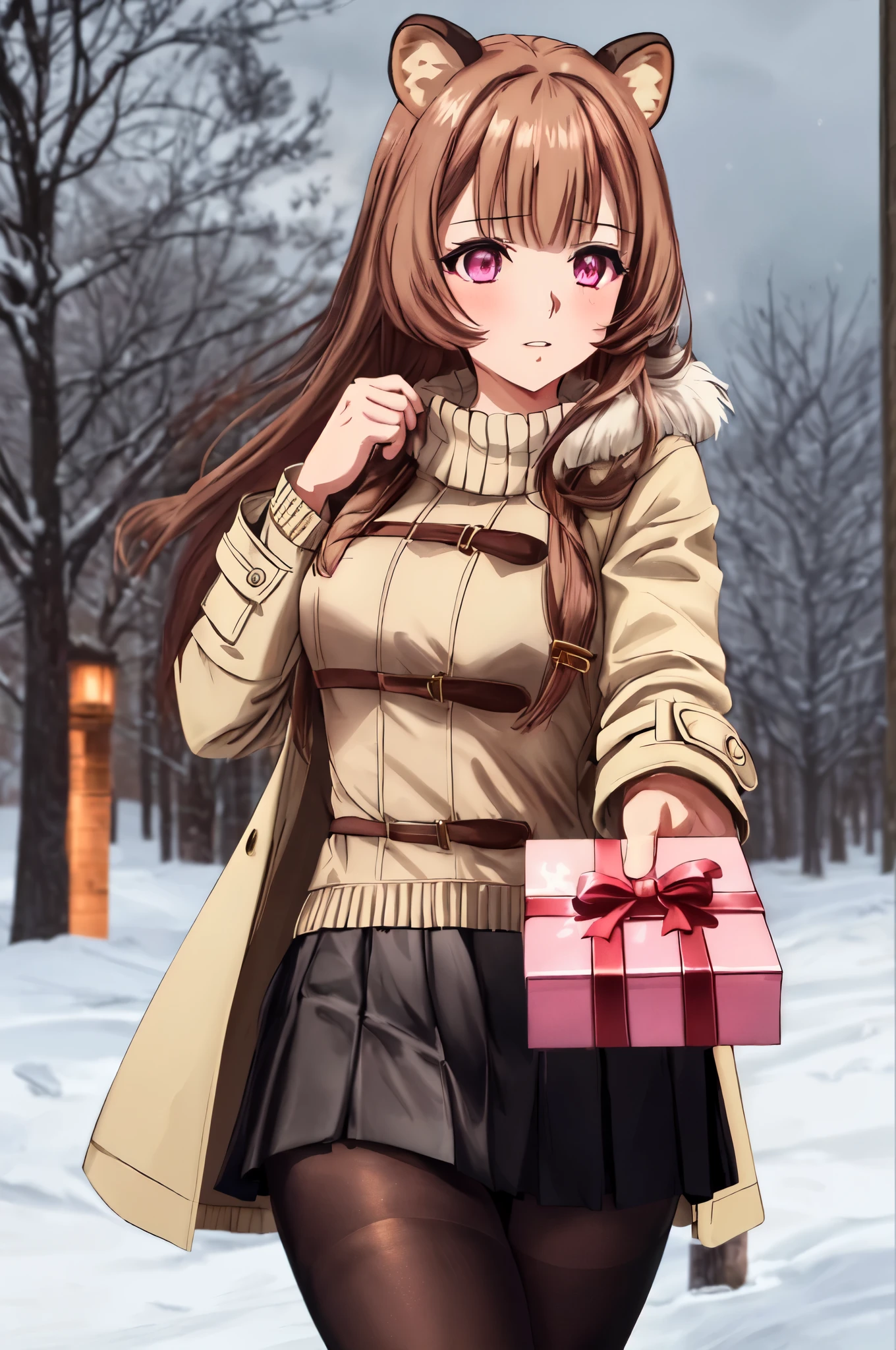 masterpiece, high quality, best quality, incoming gift, box, (1hand:1.2), 1girl, raccoon girl, raccoon ears, brown hair, long hair, bangs, pink eyes, blush, coat, skirt, sweater, tights, winter