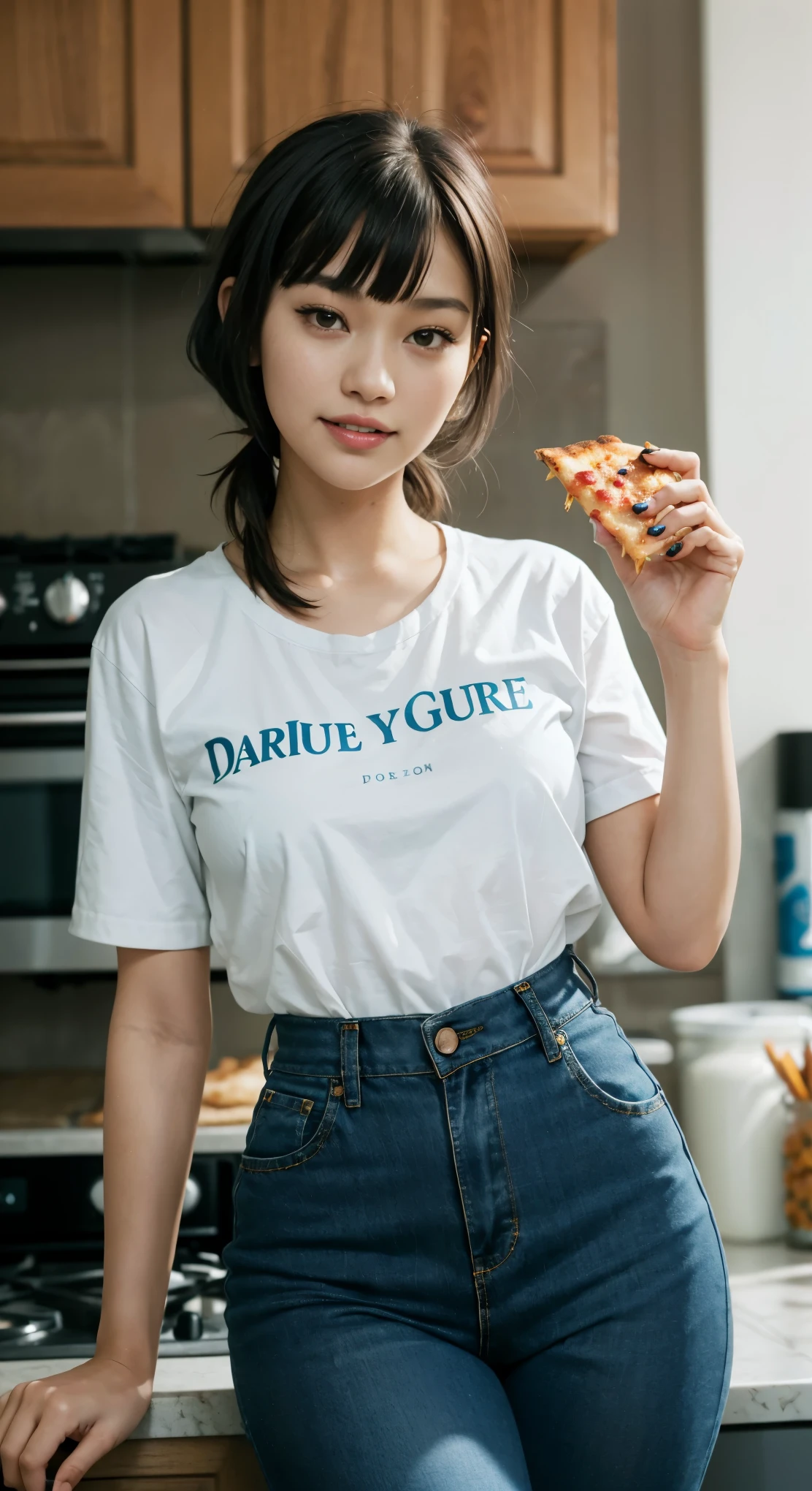 28 years old, gorgeous cute American girl, smile showing teeth, freckles, (dark skin:1.5), (medium blue long bangs hair:1.4), (Gigi Hadid:1.1), araffe woman holding a wooden plate in a kitchen, lalisa manobal, sun yunjoo, holding pizza, screenshot from a movie, inspired by Kim Jeong-hui, ( waitress ) girl, still from a movie, still from a live action movie, presenting pizza, lalisa manoban of blackpink, holding a baguette, highlight scene of the movie, sexy look, famous beautiful model, good young girl, (masterpiece:1.0), (best_quality:1.0), ultra high res,4K,ultra-detailed, photography, 8K, HDR, highres, absurdres:1.2, Kodak portra 400, blurry background, bokeh, lens flare, (vibrant_color:1.2),professional photograph, (beautiful_face:1.5),(narrow_waist). --v 6