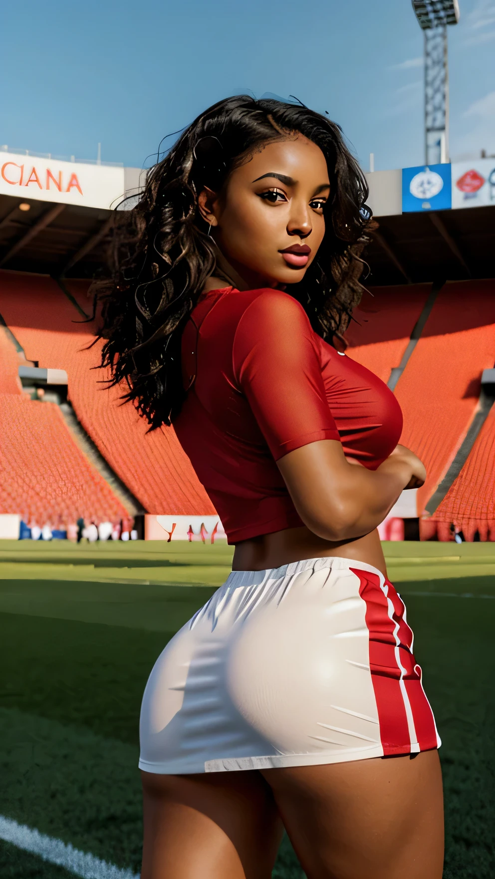 Full body photography of Nyla, the stunning African American Jamaican latino influencer. She should appear in her mid-20s with long, wavy curly black hair that falls gracefully on her shoulders. She has a curvy thick athletic hourglass figure accentuated by her full bust. Her complexion should be flawless, with a warm, sun-kissed tan. Nyla's expressive brown eyes should radiate charisma, and she should have a relaxed and confident demeanor. Nyla is down posing seductive, she is in red see through half shirt wearing the sexy pleaded skirt of her cheerleader uniform in red heels while looking back sexy, football players behind her. With a backdrop of a cinematic photo studio with stadium background, she radiates lust and seduction. Intense look and makeup, symmetrical eyes, symmetrical face, photorealistic, photography, path tracing, specular lighting, volumetric face light, path traced hair, visible shadows, intricate, elaborate, hyper realistic. 