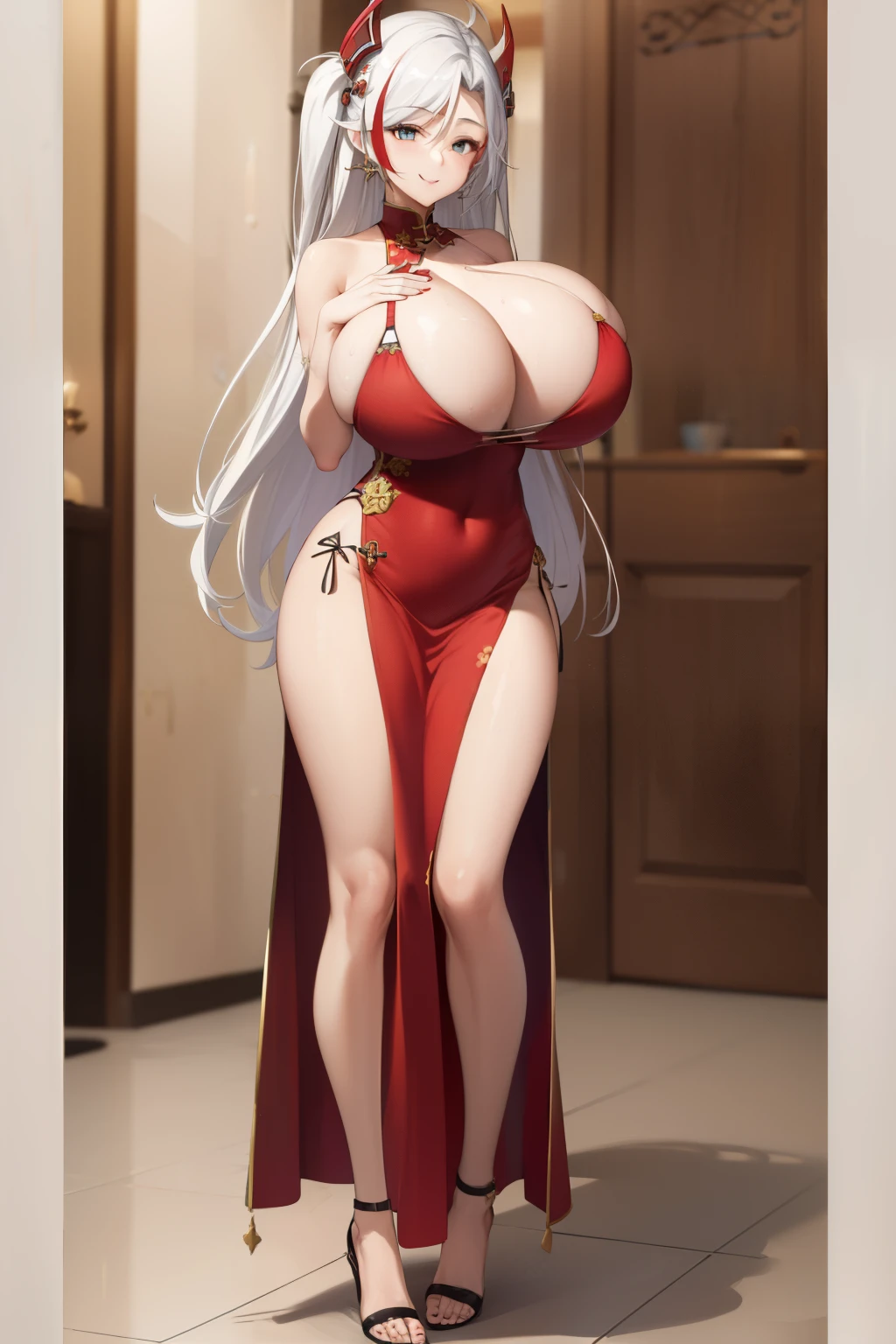 masterpiece, best quality, 1girl, solo, (huge breasts 3.0), (breast implants, fake tits, unaligned breasts, perfectly round breasts), SFW, cowboy shot, Long Hair, Detailed eyes,Full Body,,china dress,red dress,big ass,prinzv4,cleavage,detailed dress,smile,