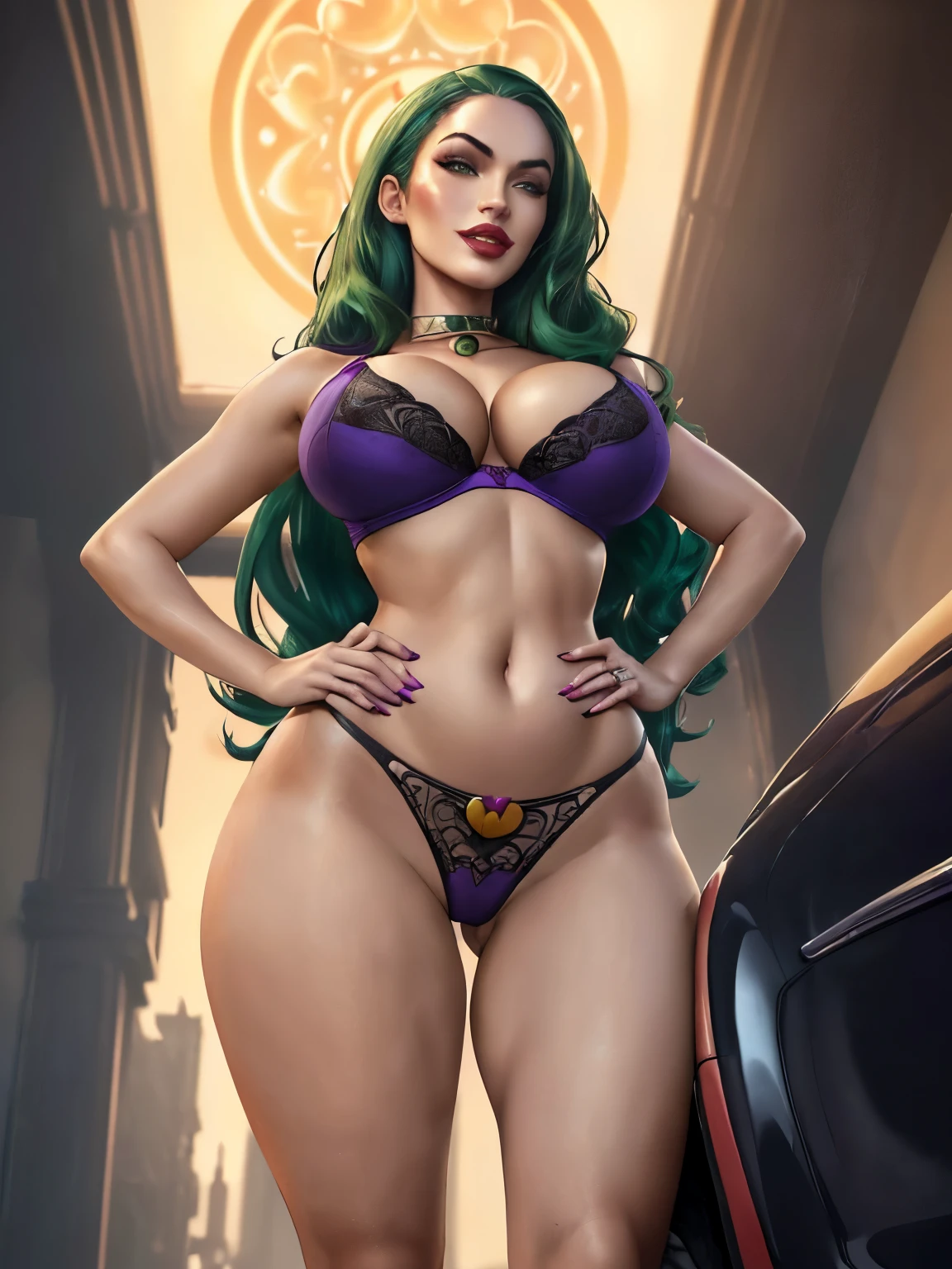 (((Portrait of Megan Fox as the Joker with a beautiful clown make up))), (((mansion))), (exotic lingeri)e, ((((green hair))), ((purple suit)), (cleavage), (full body portrait), concept art, sharp focus, big thighs, (((panty pulling down))), ((((pin up)))), (frontal wedgie, highleg panties, ass visible through thighs), stockings, nipples, pussy, pubic hair, futuristic city, Night city background. (beautiful symmetrical face, sharp and dreamy eyes, sharp mouth) (((grabbing own breast))), (((medium breast))), ((((pinup)))), (((viewed from below))), ,[[[(((low angle)))]]]], ((sensual uniform)), seductive eyes, seductive pose, seductive smile, (((full body))), (((8k, highly detailed, intricate, sharp focus, hd, masterpiece))), high heels boots,, thigh hips, wide hips, big hips, with seductive eyes, seductive pose and seductive smile, skin pores, (eyeshadow), make up, lipstick, jewelry, (she's looking into the distance), ((with saggy breast)), colorful, vibrant, volumetric lighting, subsurface scattering, good highlights, good shading, cinematic, highest quality, award winning, masterpiece, 35mmstyle, (((8k, highly detailed, intricate, sharp focus, hd, masterpiece))), (((big hips))), ((hourglass figure)), ((peachy ass)), ((big ass)), (((feminine))), beautiful female, high res, perfect hands, (((perfect fingers))), tease, with a seductive smile, smiling seductively, perfect eyes, seductive lady, seductive smile, ((wide hips)), mature body, ((womanising smile)), captivating and enticing, cleavage, good anatomy, amazing goddess, epic, wide legs, vibrant colors,  photorealistic,  photo,  masterpiece,  realistic,  realism,  photorealism,  high contrast,  photorealistic digital art trending on Artstation 8k HD high definition detailed realistic,  detailed,  skin texture,  hyper detailed,  realistic skin texture,  armature,  best quality,  ultra high res,  (photorealistic:1.4),  high resolution,  detailed,  raw photo,  sharp re,  by lee jeffries nikon d850 film stock photograph 