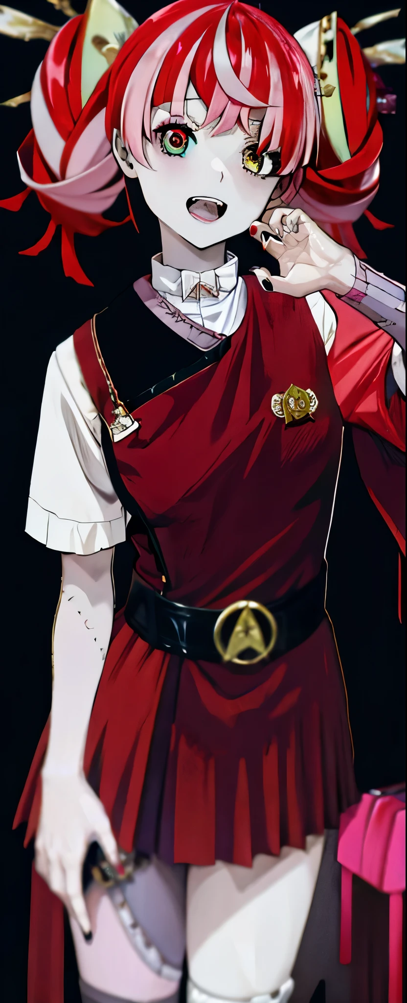 Ollie
multicolored hair
multicolored eyes
zombie_skin twintails red wokunf uniform
