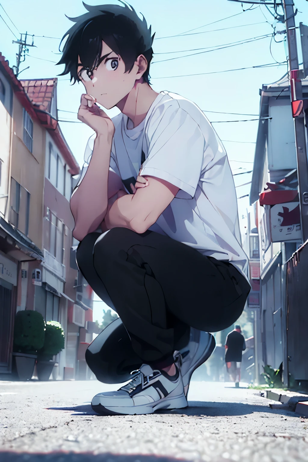 (absurderes, A high resolution, Ultra detailed),((Masterpiece)), ((Best quality:1.1)), high resolution, 8K,1boy, (Crotch bulge:1.1), shaded face, (White crew socks:1.1), (White ribbed socks:1.2), no-show socks, Invisible socks, Toes under socks, Shorts,Seamless socks, (puffynipple :0.8), (From below:1.1),Game CG,
Blue eyes, view the viewer, Short hair, Facial, hand on knee, athlete,
seat on school staircase steps,Anime style, Indoors,