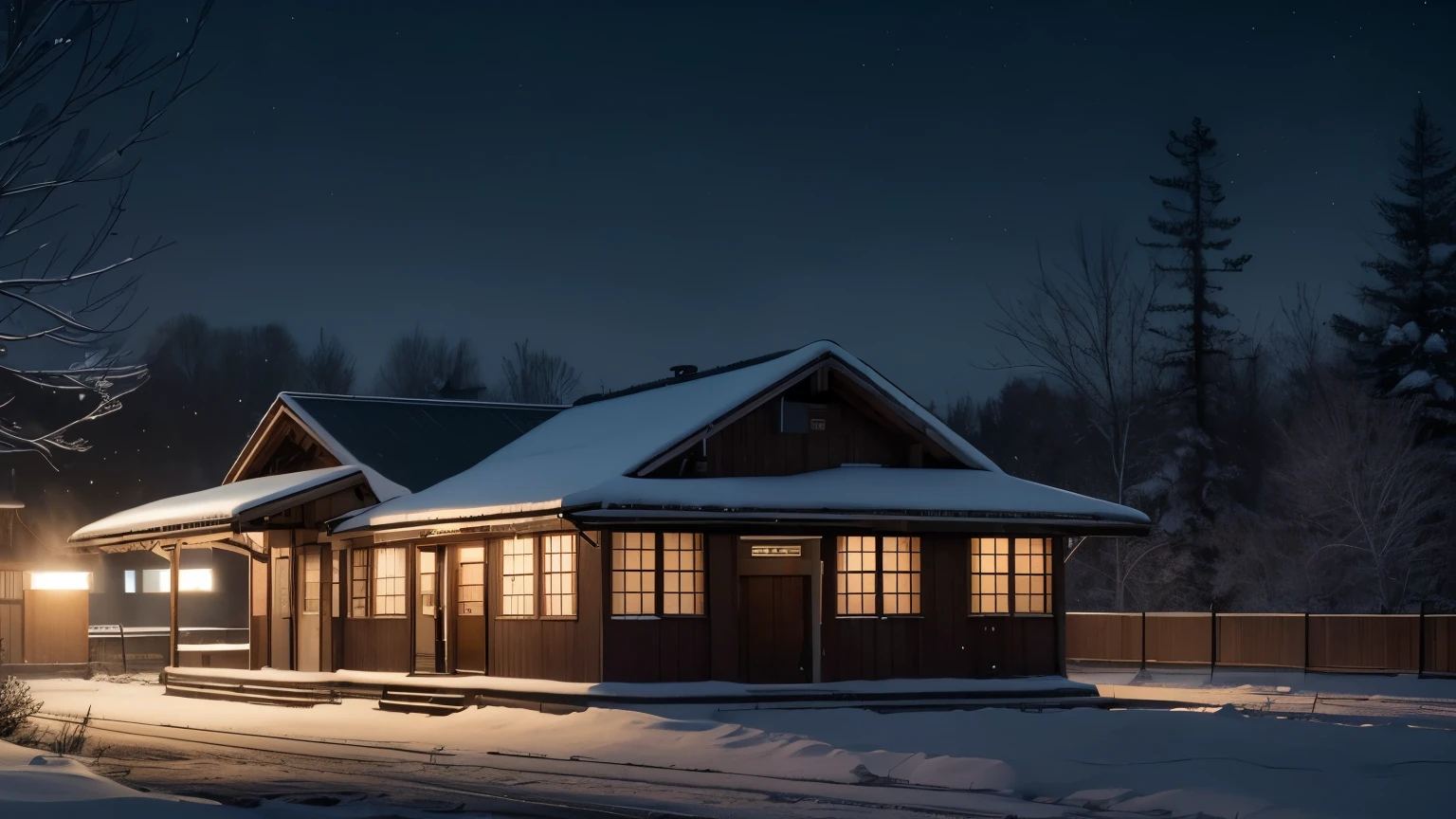 (high quality image,wide-angle lens,photorealistic) An empty train station captured with a wide-angle lens, showcasing the quietness and stillness. The station is located in a rural town, with a nostalgic atmosphere. It is a cold winter night, and the snow is about to fall. The station platform is completely deserted, creating a sense of isolation and tranquility. The lights from the station illuminate the surroundings, casting a warm glow on the snowy landscape. The last train has already departed, leaving the station empty and silent. The cold breeze gently rustles the branches of nearby trees, adding to the serene ambiance.