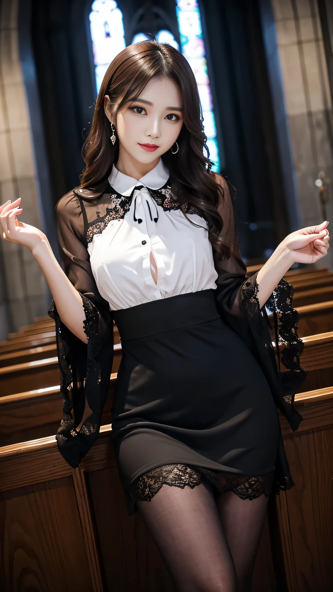 Super detailed、Japanese、charming beauty、seductive adult woman、Dainty woman、sharp eyes、cool girl、wavy hair、suit、Black chiffon、lacy fabric、wide sleeve、wearing a lace insert dress、white blouse、Tight Skirt、flower pantyhose、Shiny legs、evilの幹部、evil depravity、brainwashing、Mind control、lipstick、grin、邪evilなな表情、evil、empty eyes、邪evilな、Church at night、