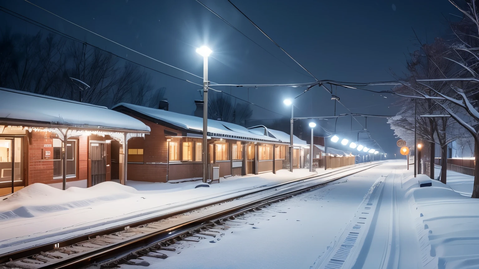 (high quality image,wide-angle lens,photorealistic) An empty train station captured with a wide-angle lens, showcasing the quietness and stillness. The station is located in a rural town, with a nostalgic atmosphere. It is a cold winter night, and the snow is about to fall. The station platform is completely deserted, creating a sense of isolation and tranquility. The lights from the station illuminate the surroundings, casting a warm glow on the snowy landscape. The last train has already departed, leaving the station empty and silent. The cold breeze gently rustles the branches of nearby trees, adding to the serene ambiance.