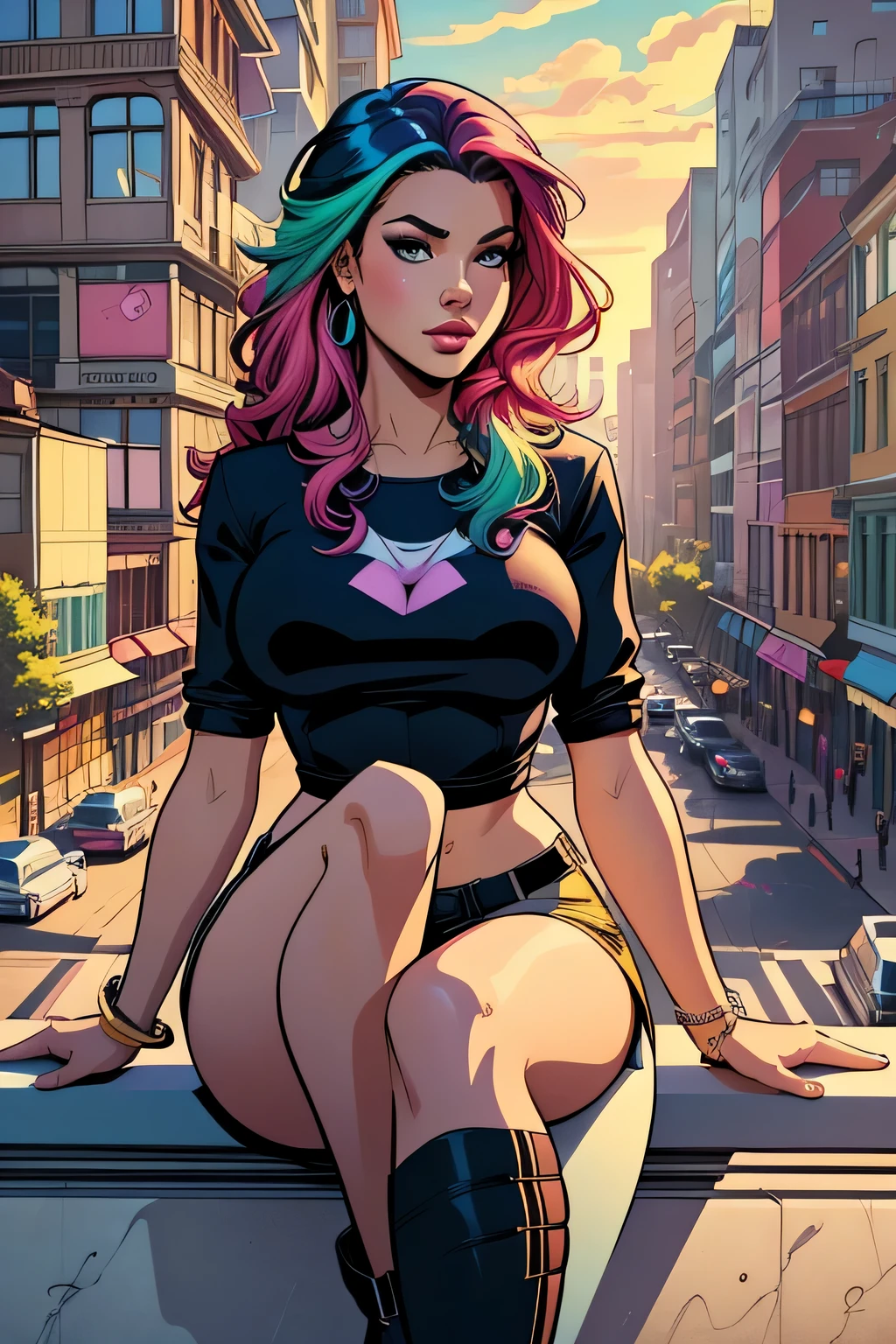 (masterpiece, best quality, high res), a girl sitting on a ledge in a city, solo, multicolored hair, jewelry, soft makeup, comics art style, urban girl fanart, digital illustration, colorful, beautiful, detailed, UHD, 8k