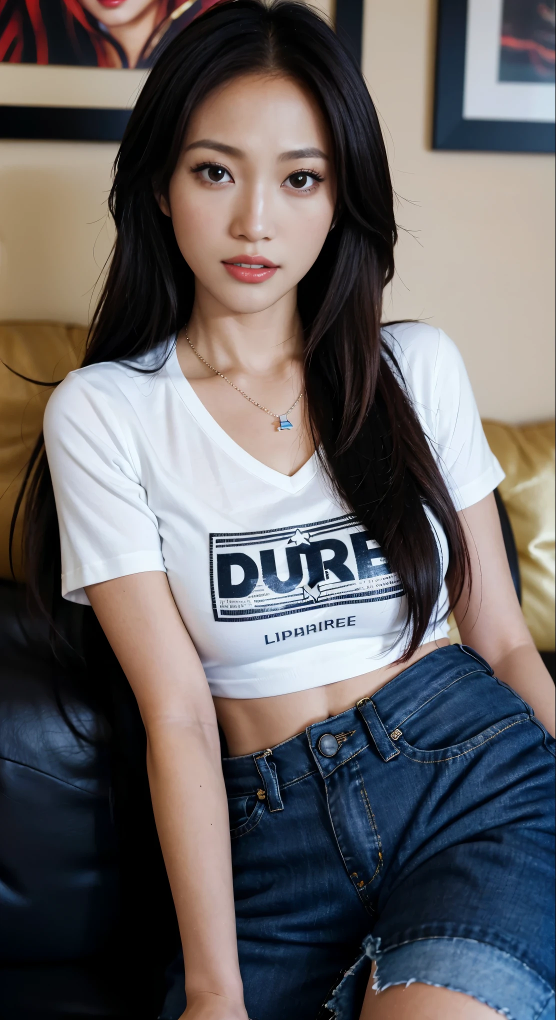 29 years old, gorgeous cute Spanish girl, Smile, freckles, (dark skin:1.5), (medium red long hair:1.4), (Jennifer Lopez:1.1), arafed woman sitting on a couch with a necklace and glasses, anime girl in real life, a hyperrealistic , anime thai girl, realistic style, as an anime character, hyperrealistic , wearing a cute top, anime girl cosplay, thicc, korean girl, wearing tight shirt, misato katsuragi, anime inspired, natural makeup, sexy look, famous beautiful model, good young girl, (masterpiece:1.0), (best_quality:1.0), ultra high res,4K,ultra-detailed, photography, 8K, HDR, highres, absurdres:1.2, Kodak portra 400, blurry background, bokeh, lens flare, (vibrant_color:1.2),professional photograph, (beautiful_face:1.5),(narrow_waist). --v 6